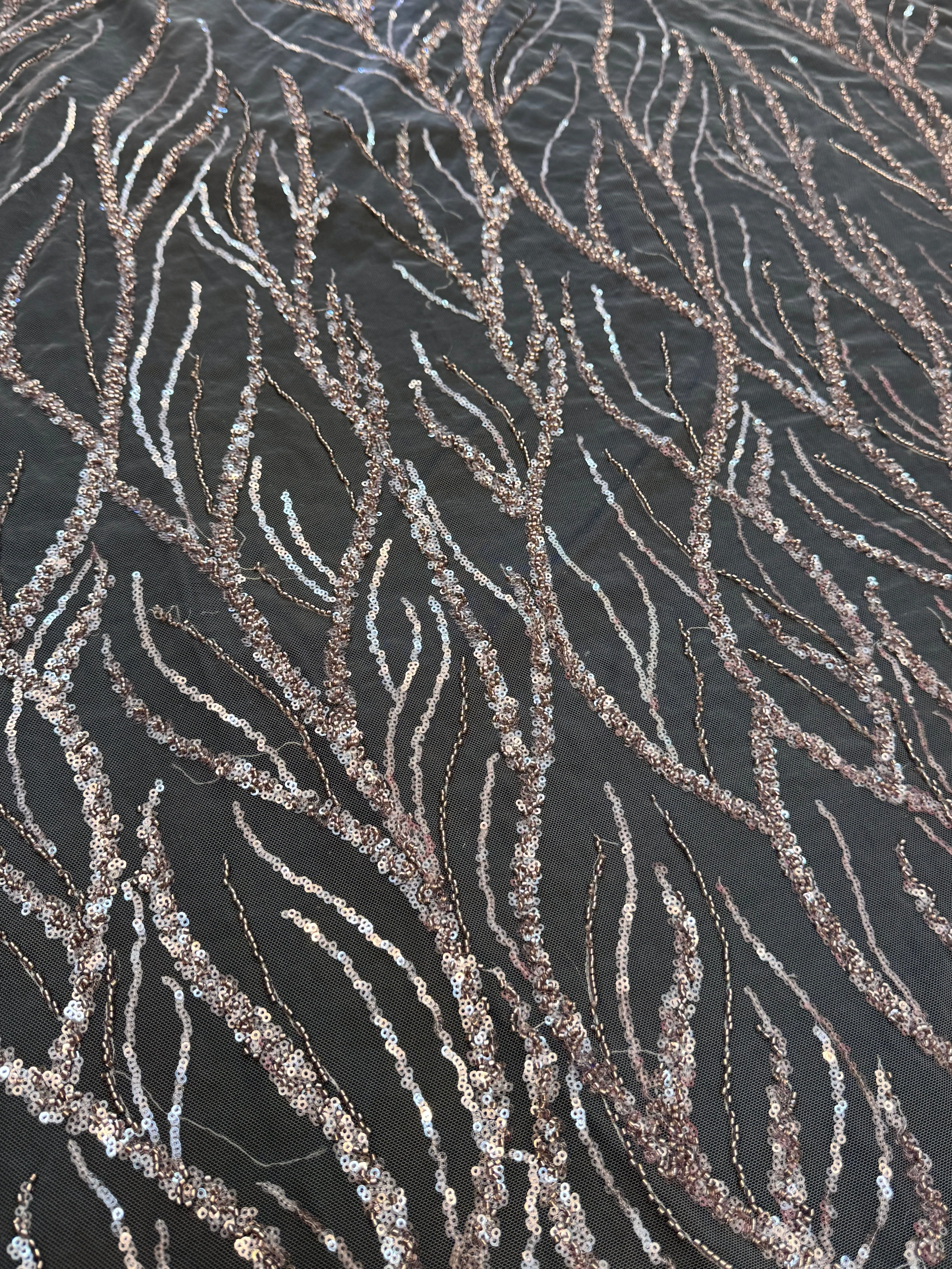 Dusty Pink Abstract Branch Beaded Sequin Lace on Mesh - Image 4