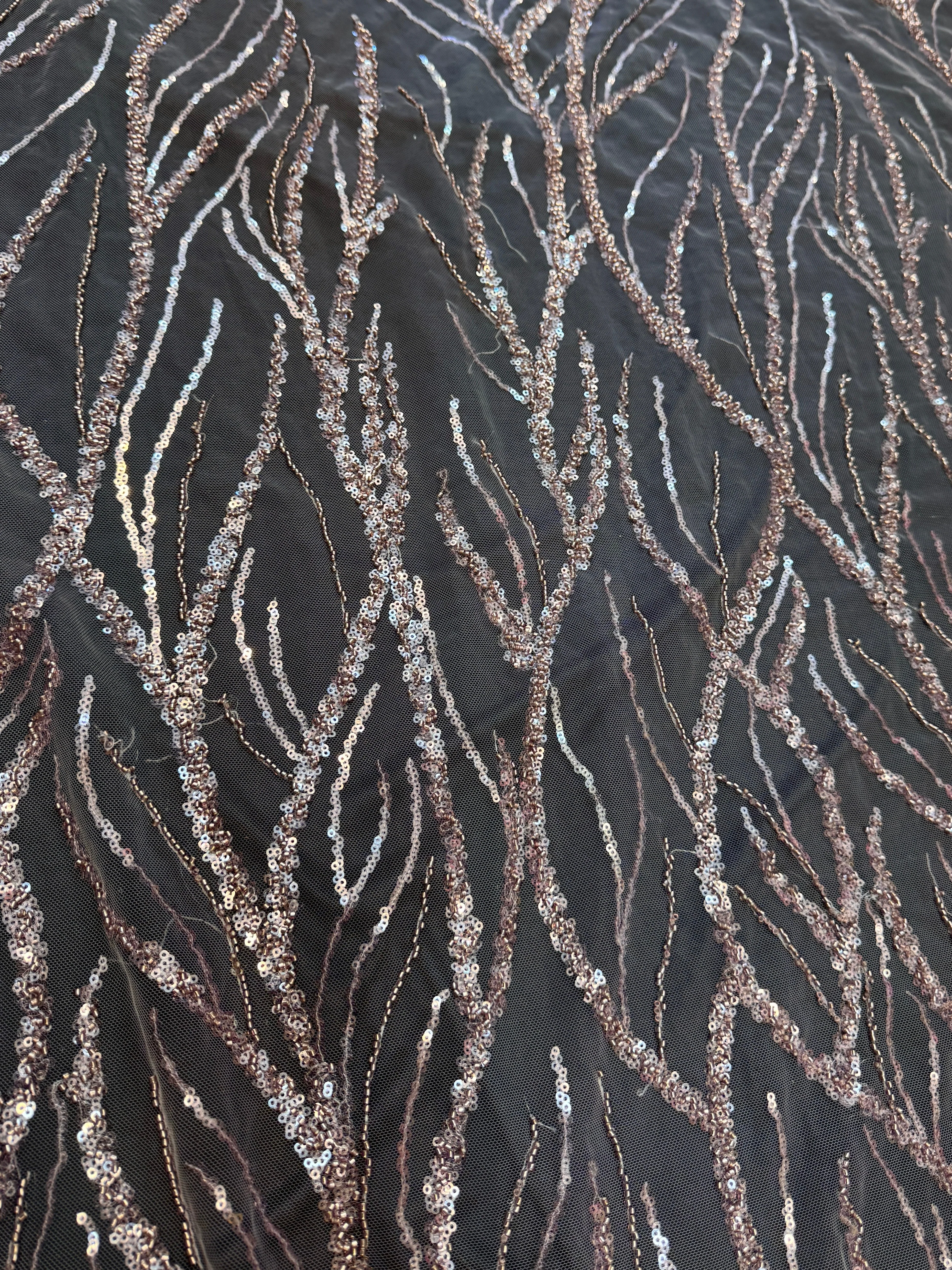 Dusty Pink Abstract Branch Beaded Sequin Lace on Mesh - Image 5
