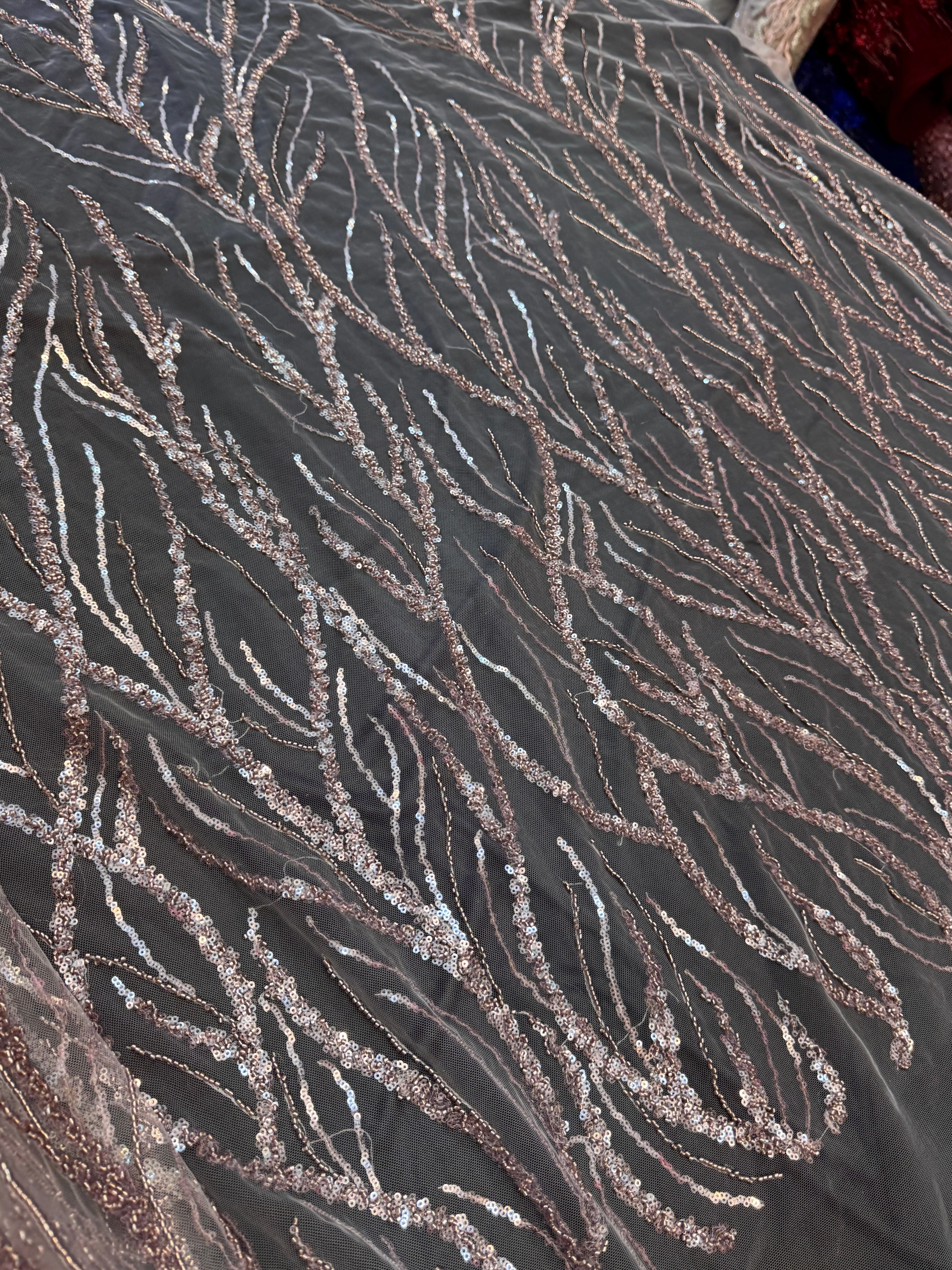 Dusty Pink Abstract Branch Beaded Sequin Lace on Mesh - Image 6