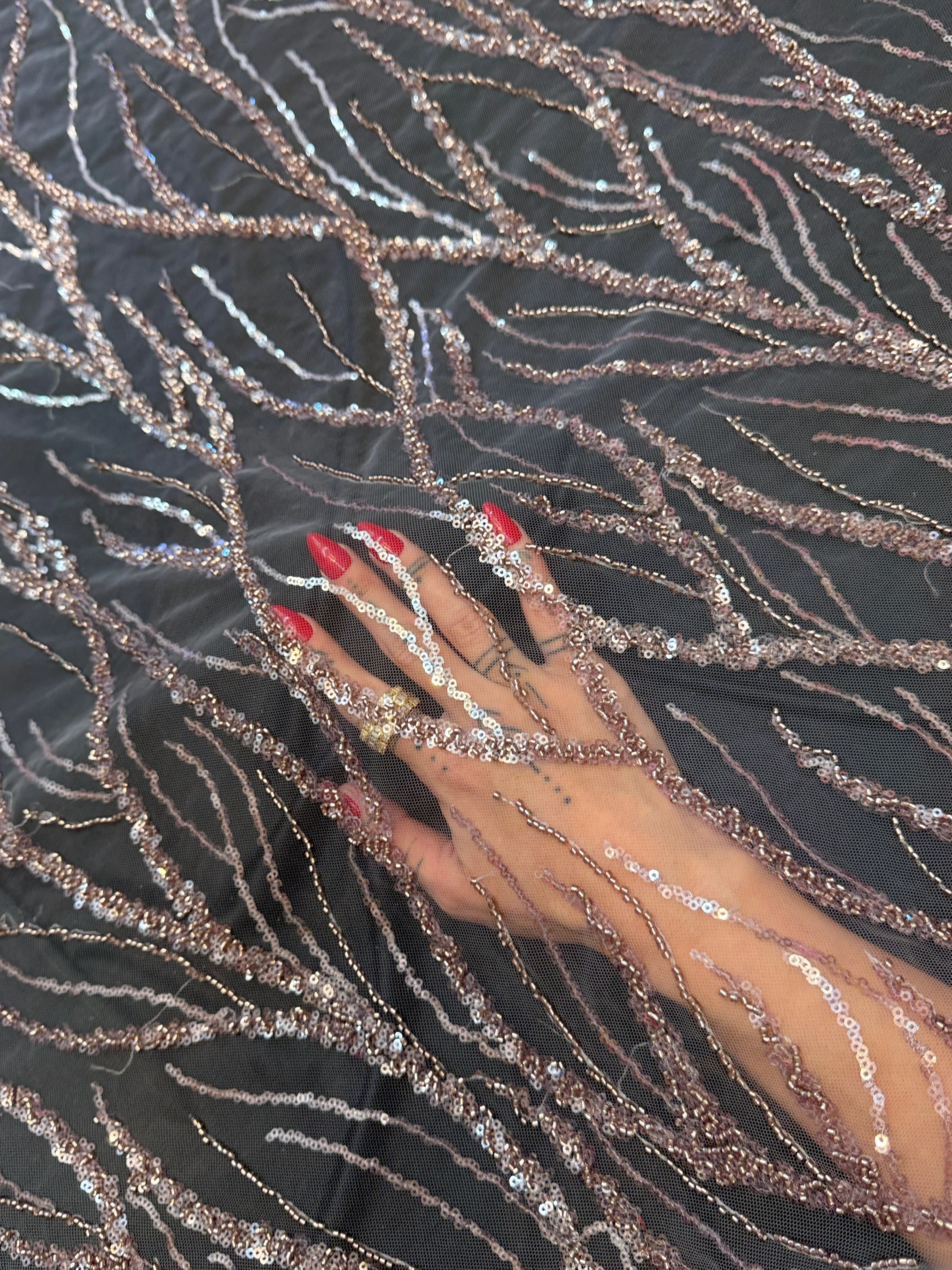 Dusty Pink Abstract Branch Beaded Sequin Lace on Mesh - Image 7
