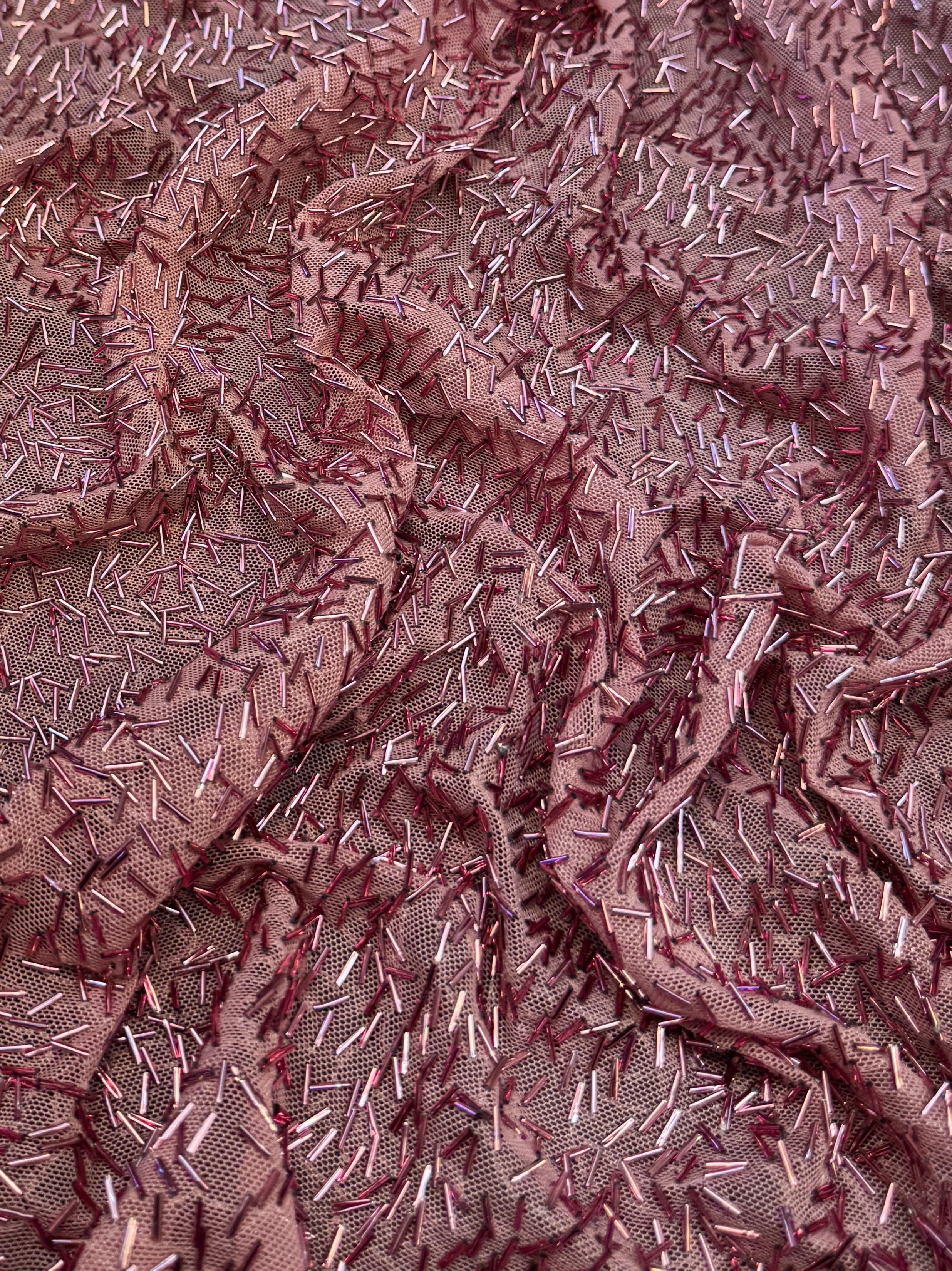Dusty Rose Bugle Beaded Stretch Mesh - Image 3