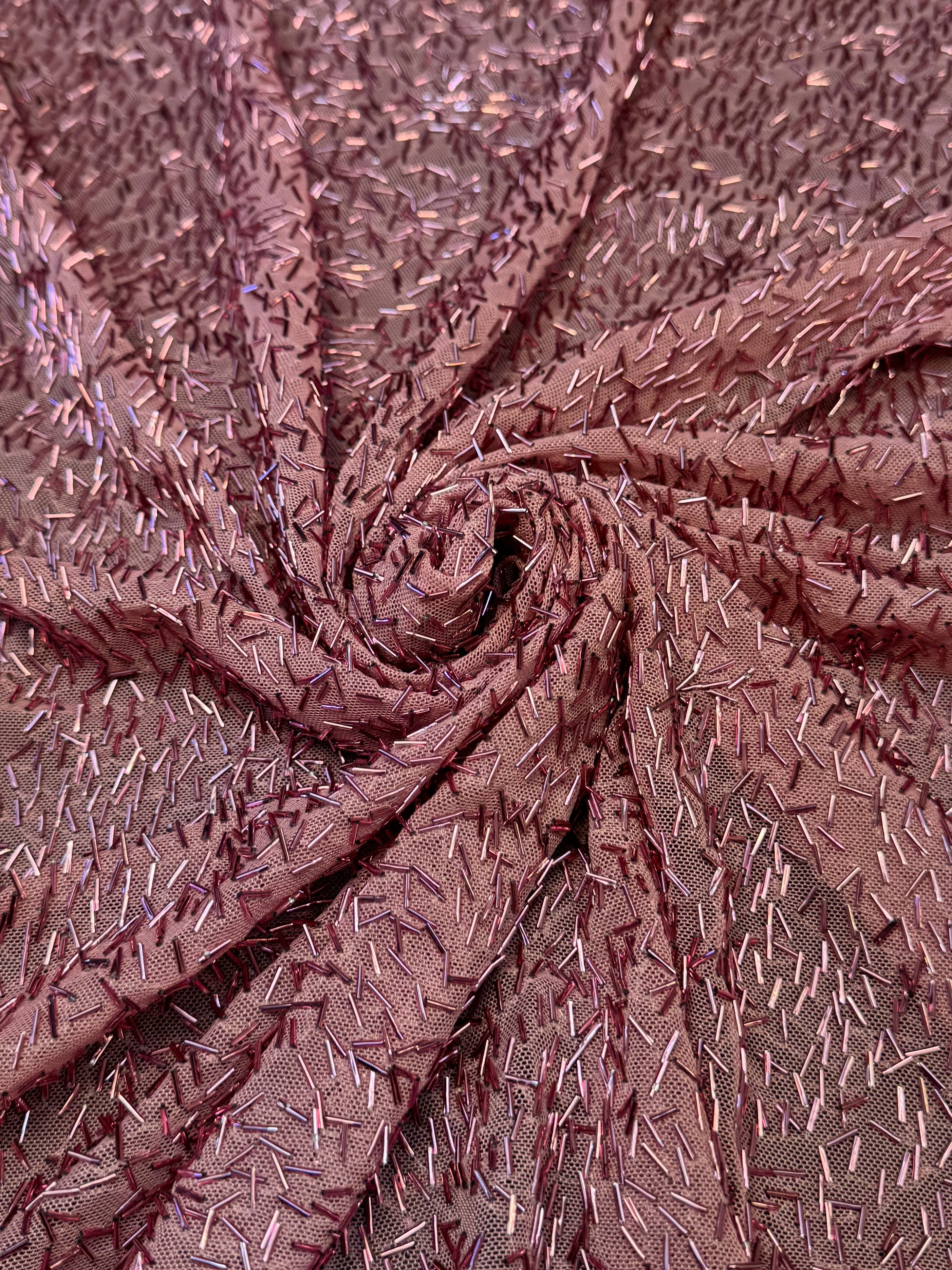 Dusty Rose Bugle Beaded Stretch Mesh - Image 4