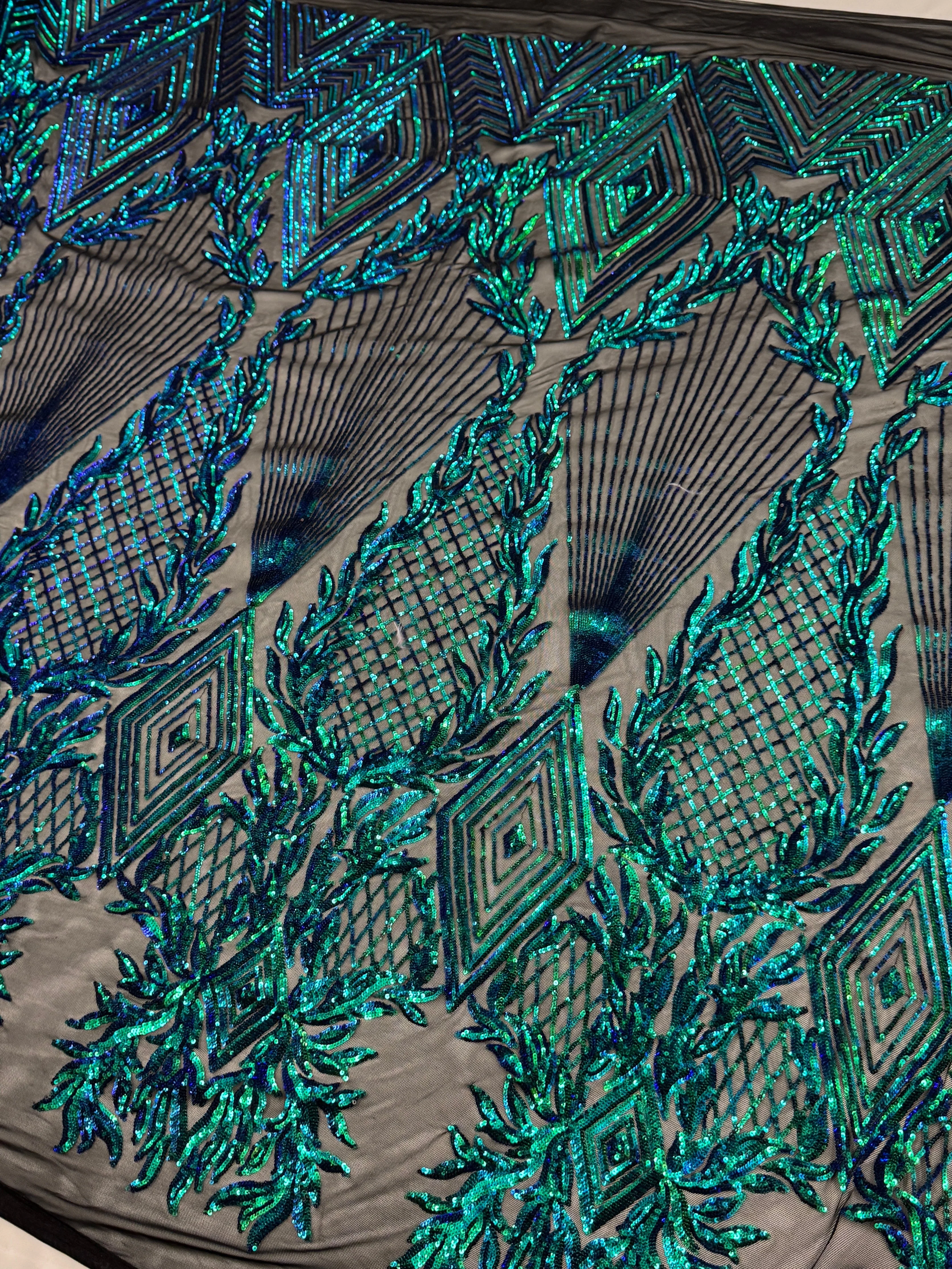 Iridescent Emerald Embroidered Curlicue Sequins on Mesh