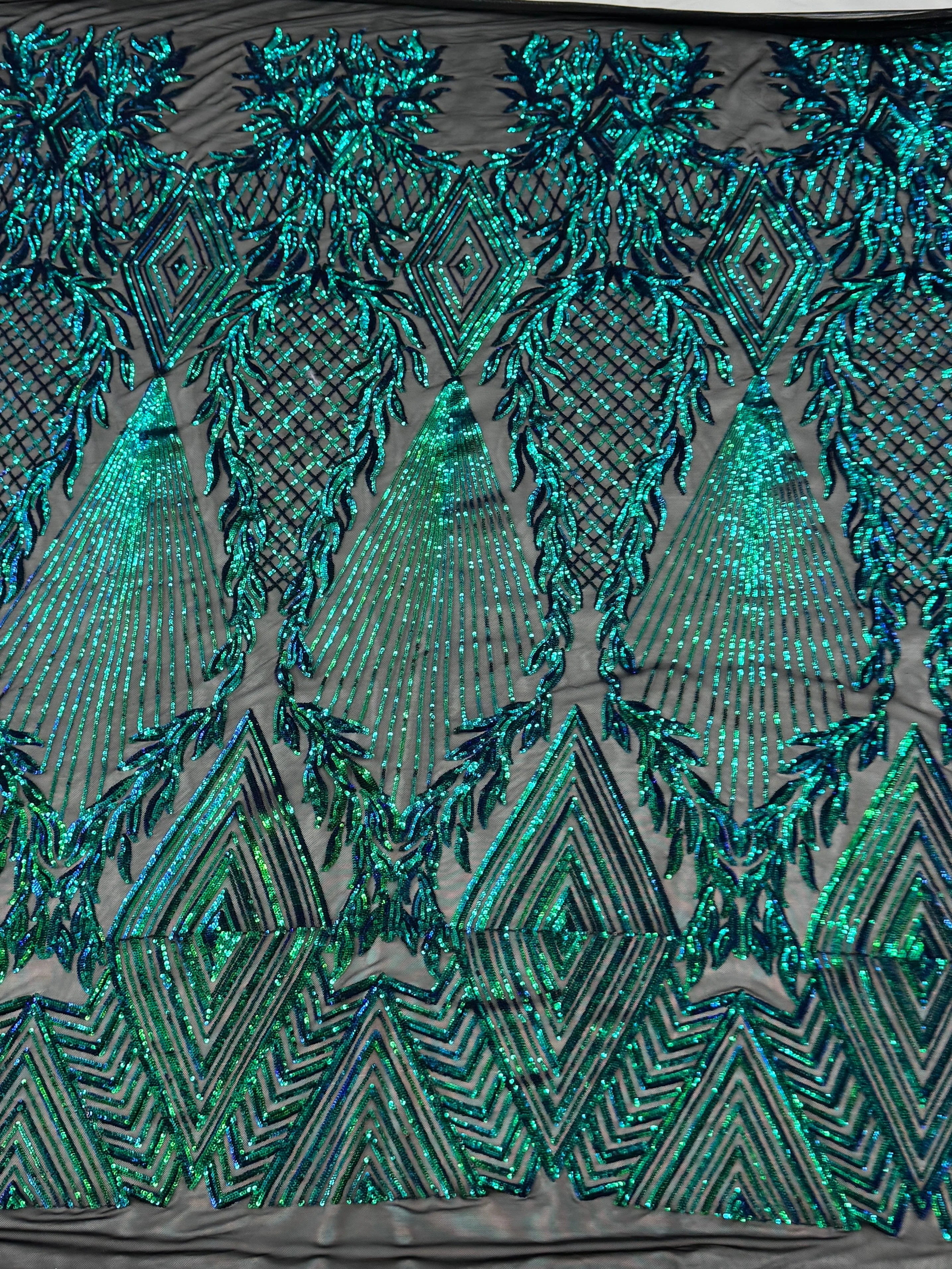 Iridescent Emerald Embroidered Curlicue Sequins on Mesh - Image 2