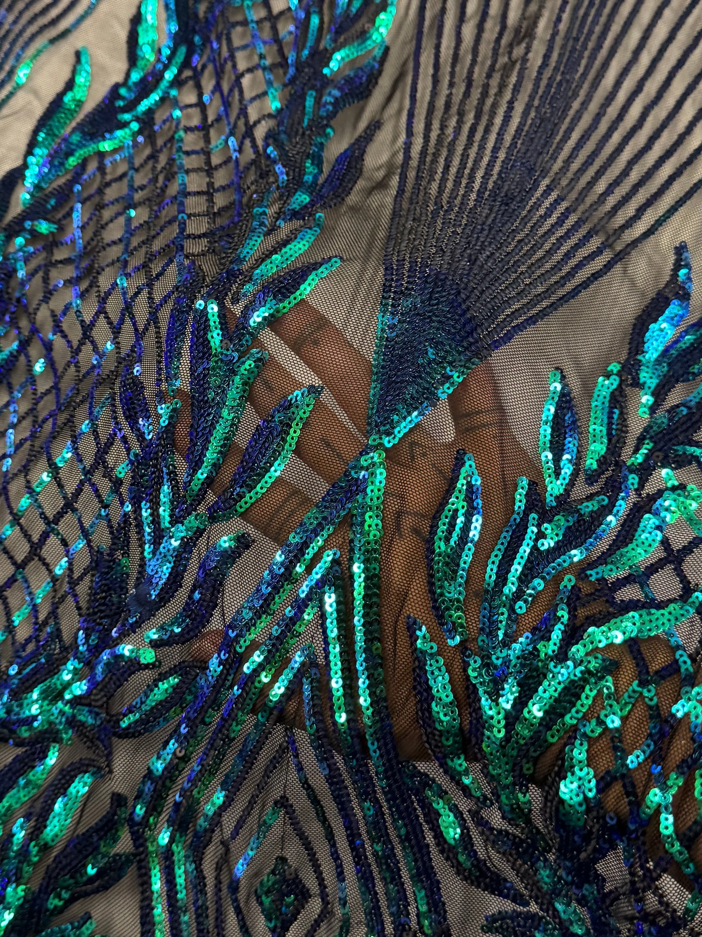 Iridescent Emerald Embroidered Curlicue Sequins on Mesh - Image 3