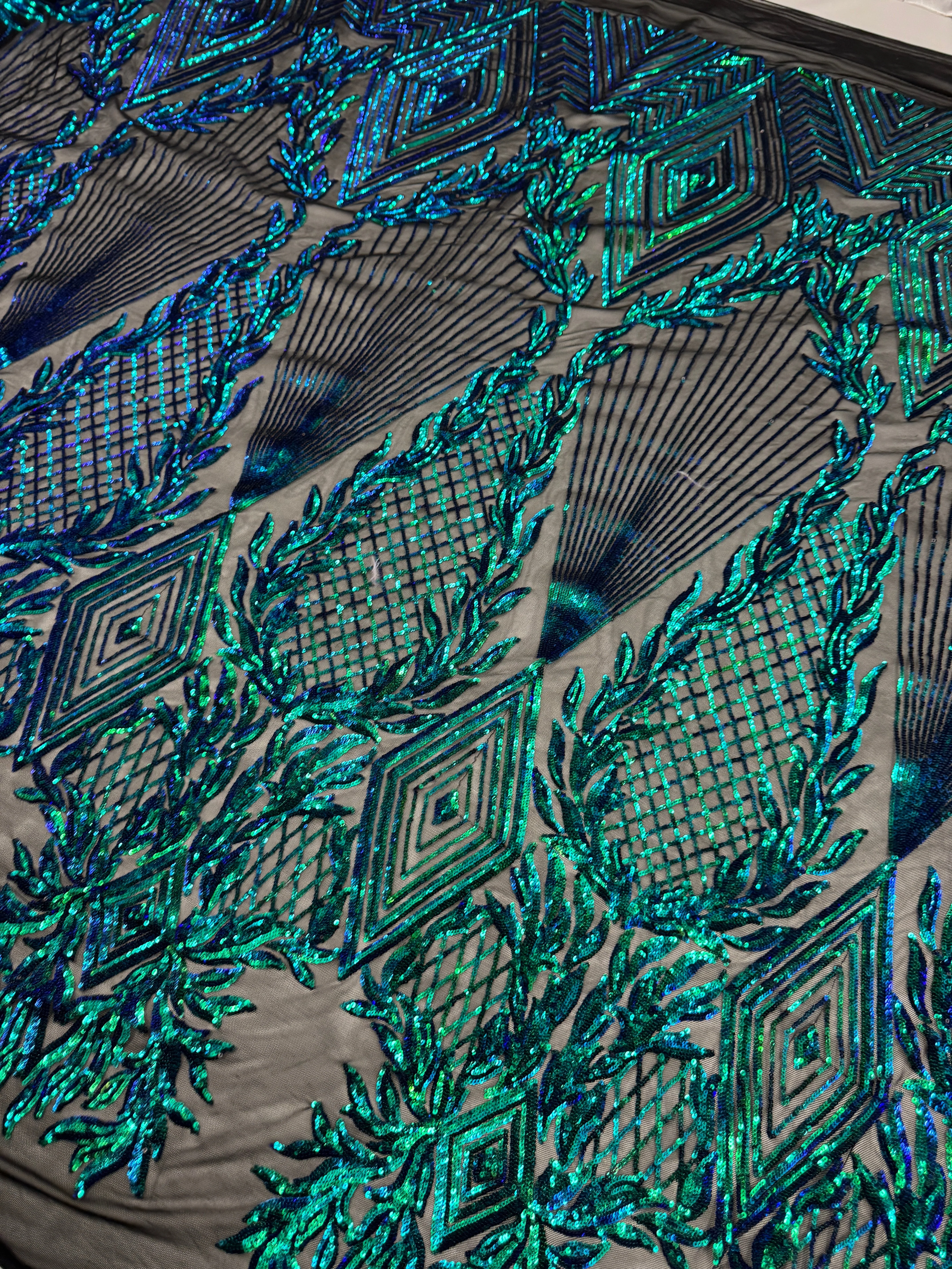 Iridescent Emerald Embroidered Curlicue Sequins on Mesh - Image 4