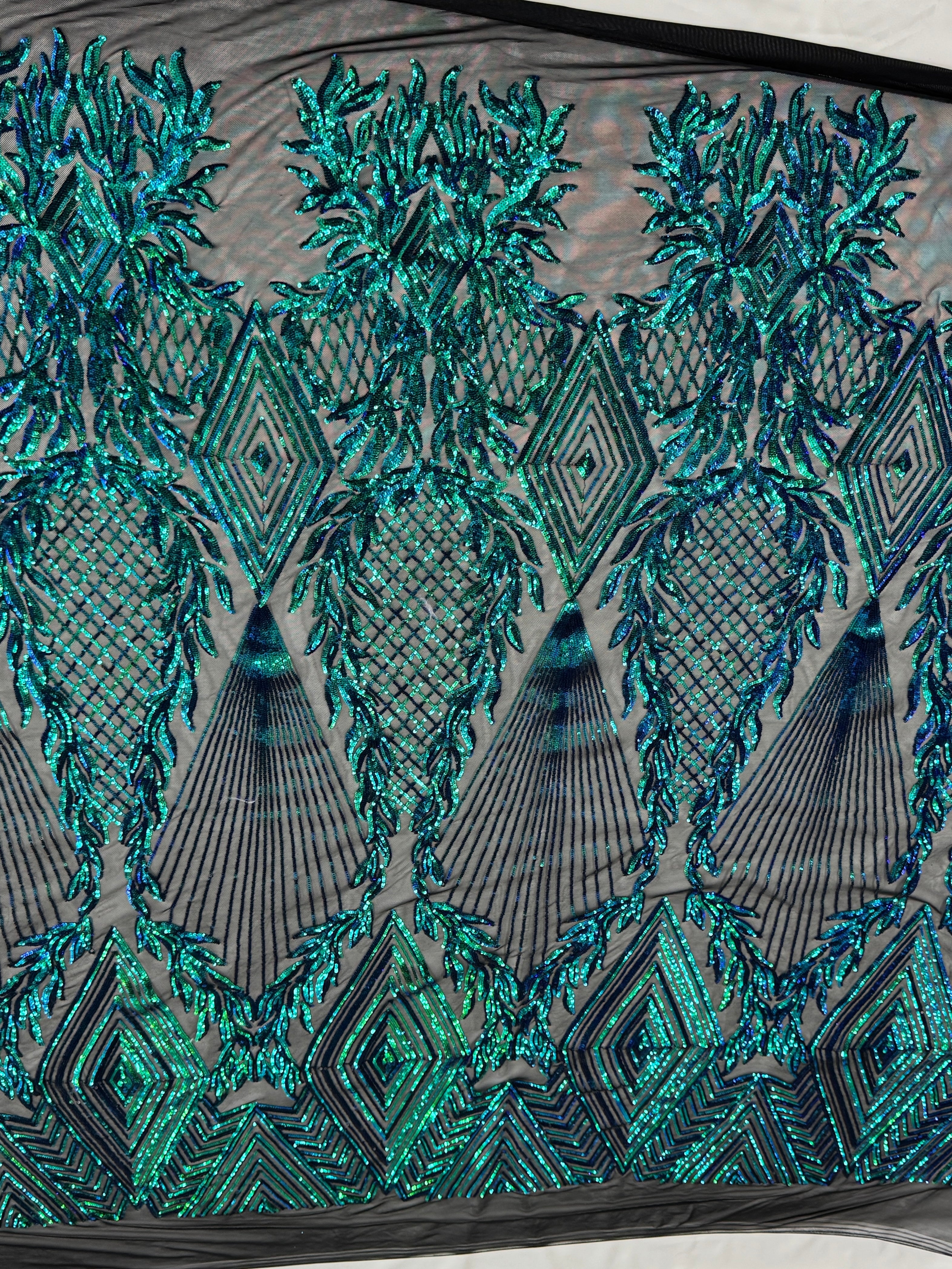 Iridescent Emerald Embroidered Curlicue Sequins on Mesh - Image 5