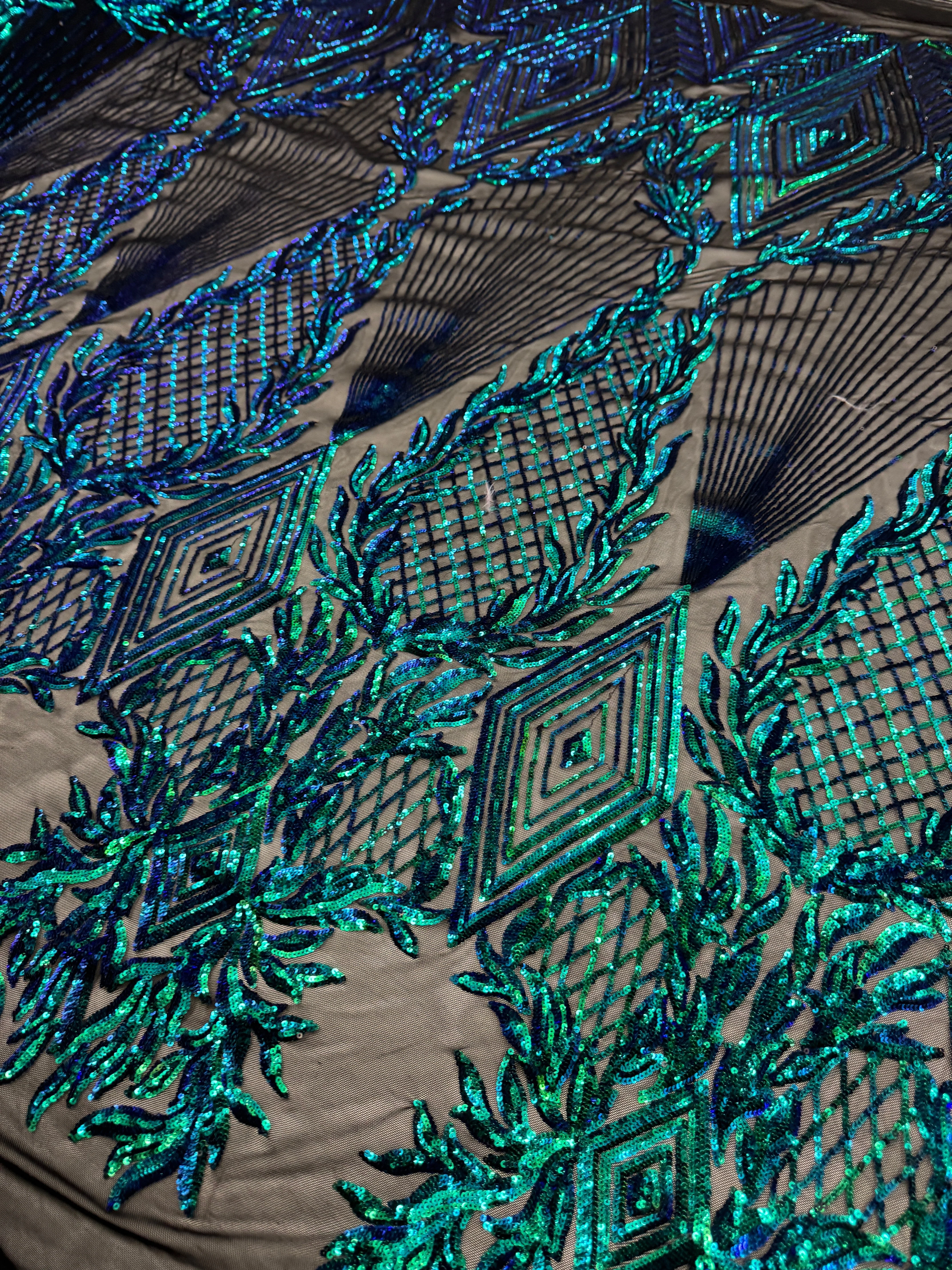 Iridescent Emerald Embroidered Curlicue Sequins on Mesh - Image 6