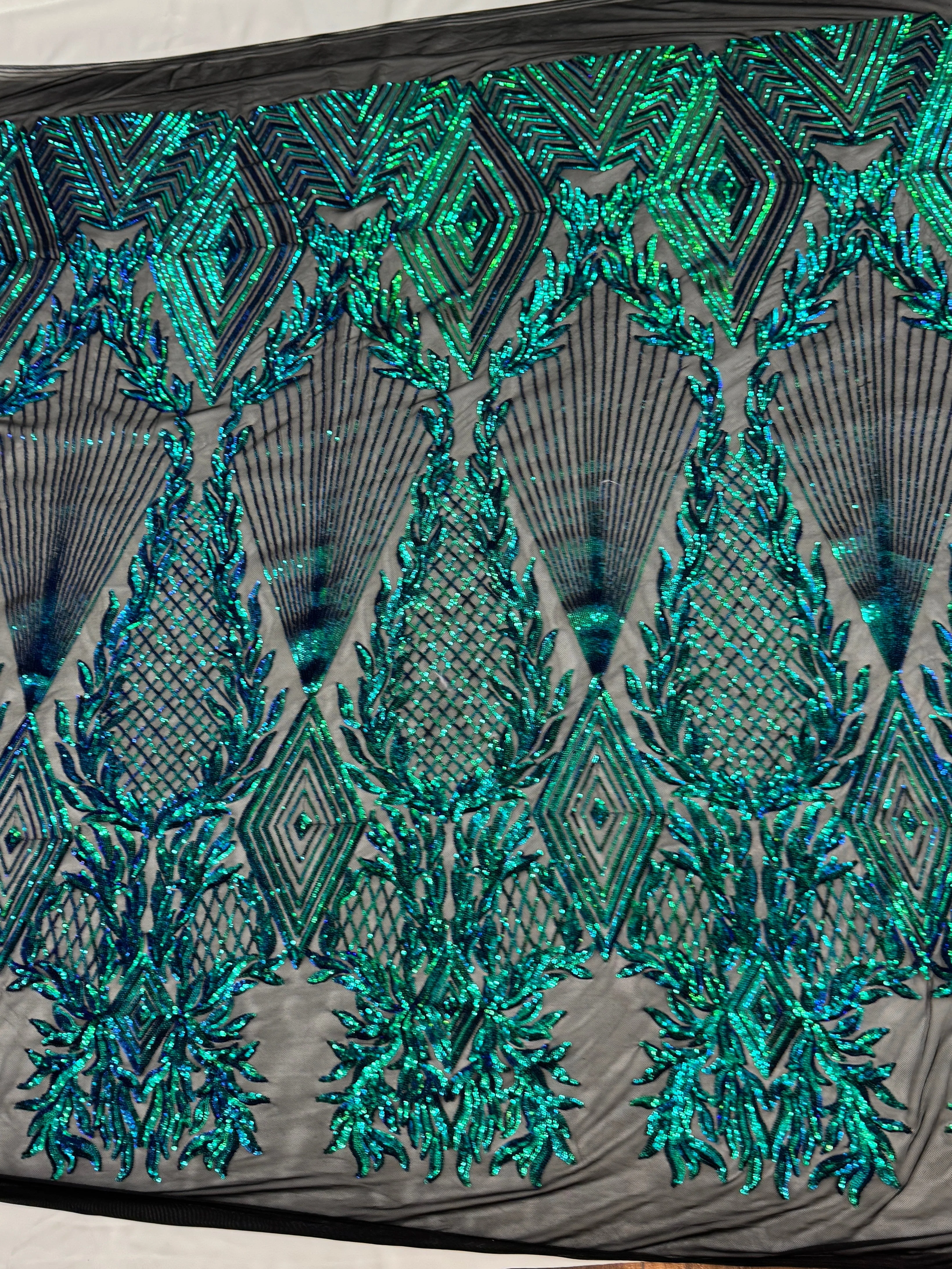 Iridescent Emerald Embroidered Curlicue Sequins on Mesh - Image 7