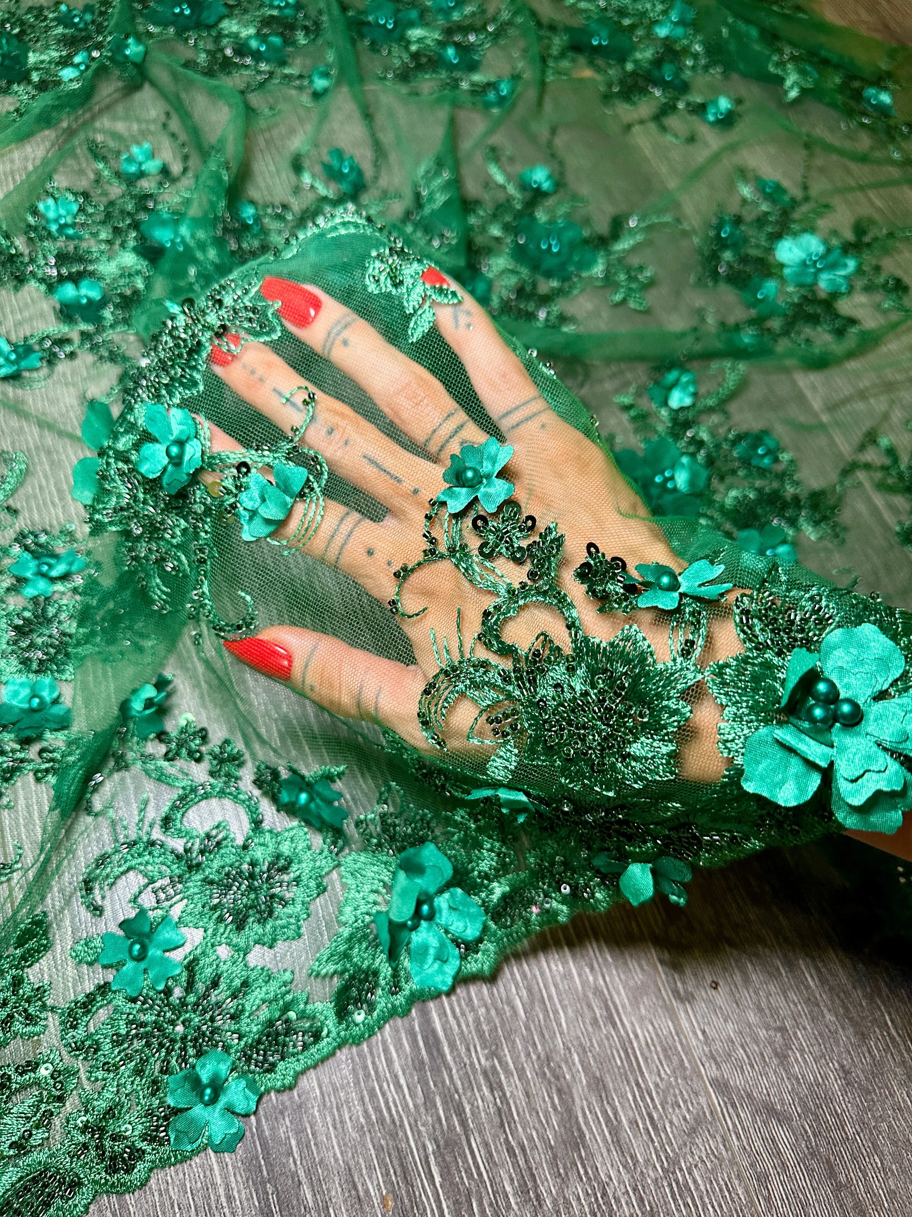 Emerald Green 3D Floral Embroidered Beaded Tulle Lace - Image 10