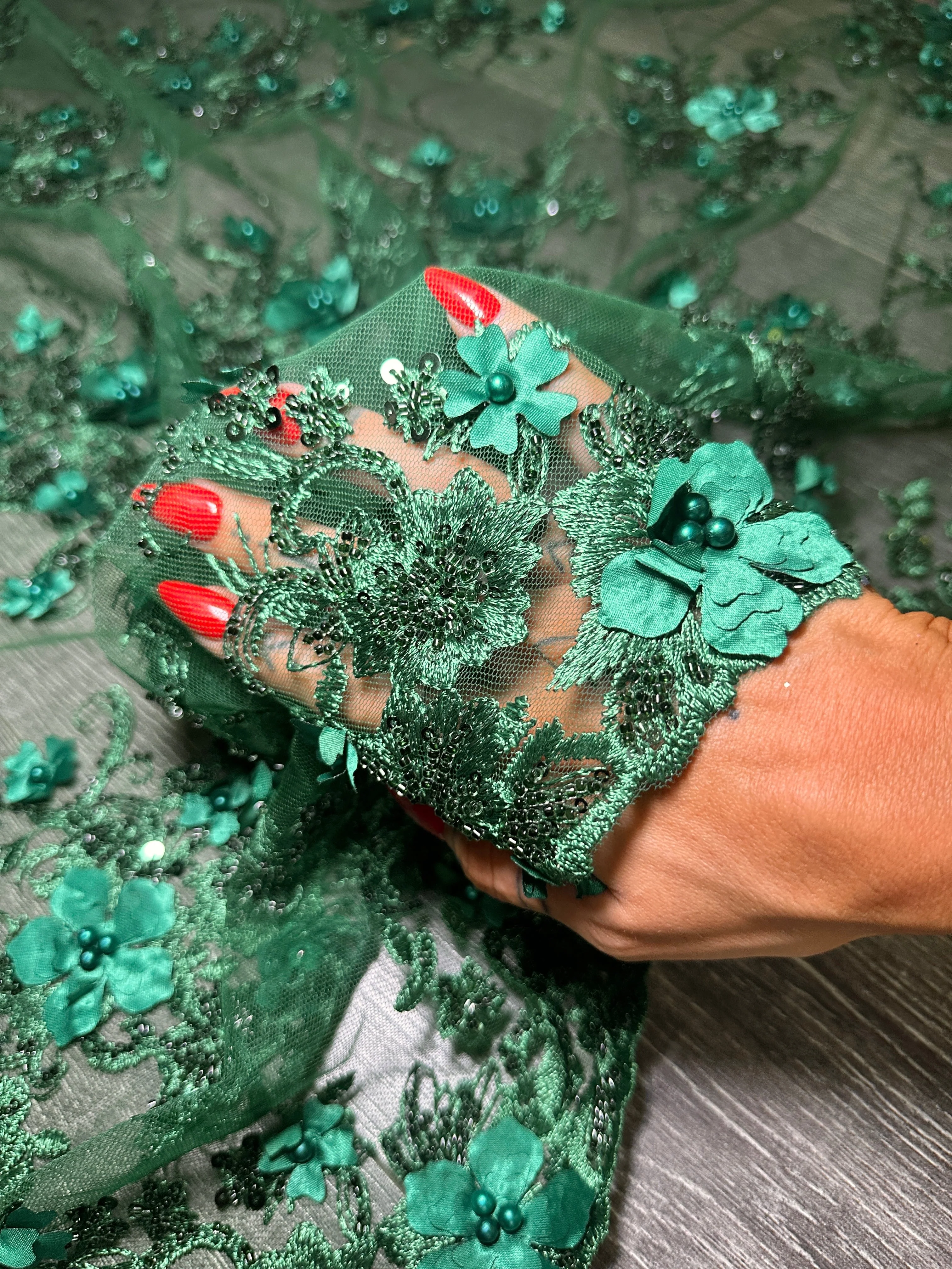 Emerald Green 3D Floral Embroidered Beaded Tulle Lace - Image 2