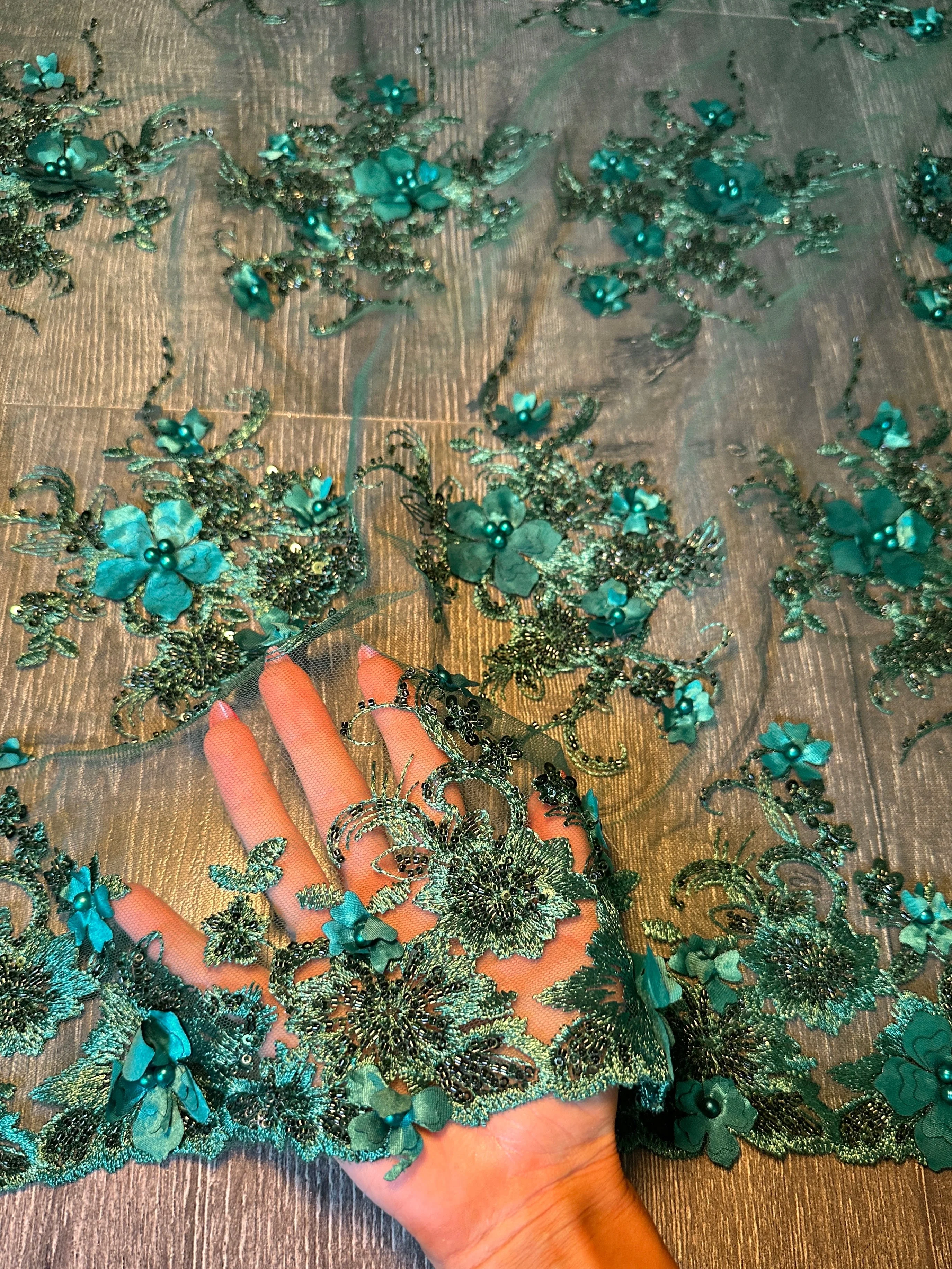 Emerald Green 3D Floral Embroidered Beaded Tulle Lace - Image 3
