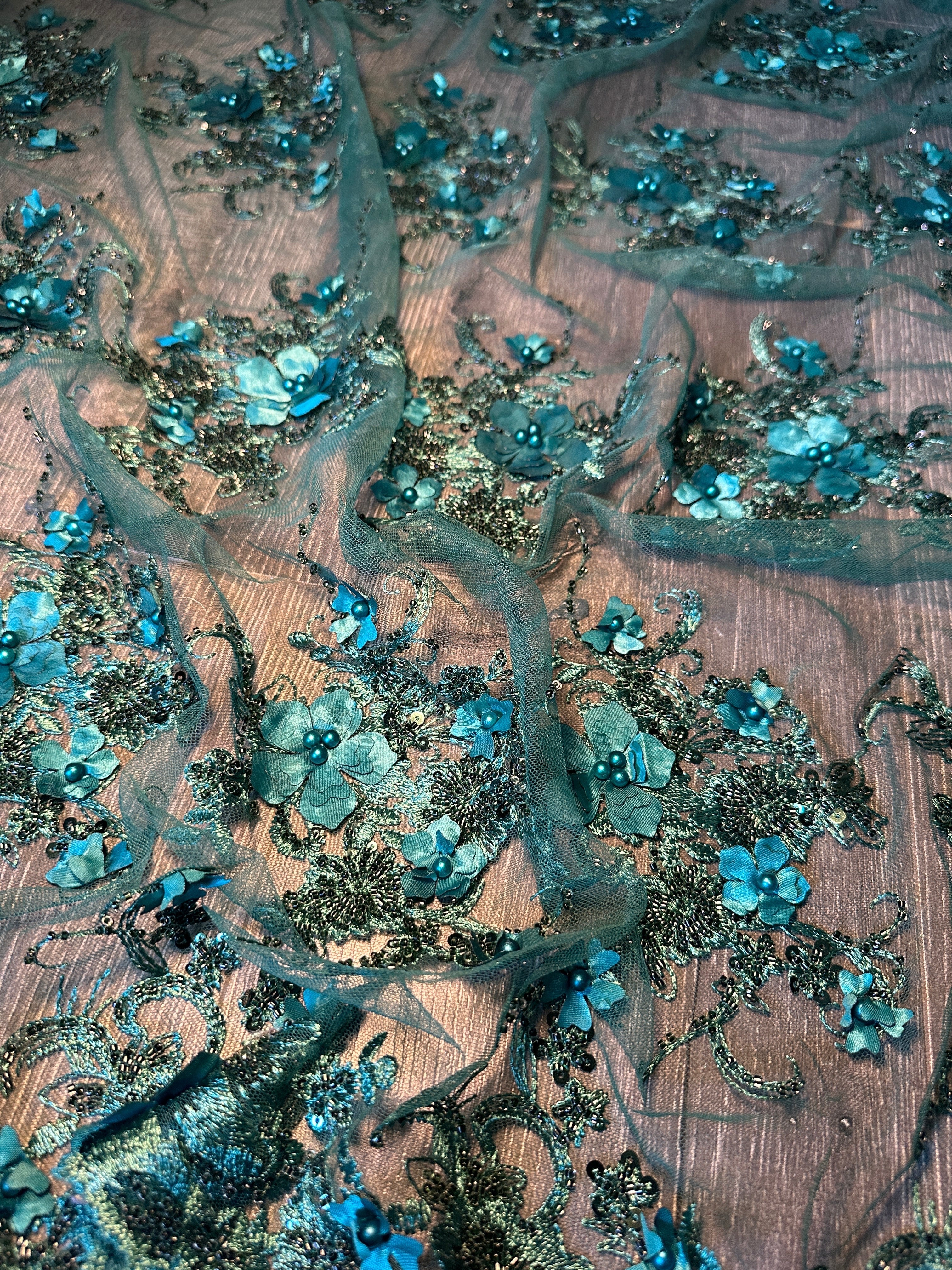 Emerald Green 3D Floral Embroidered Beaded Tulle Lace - Image 4