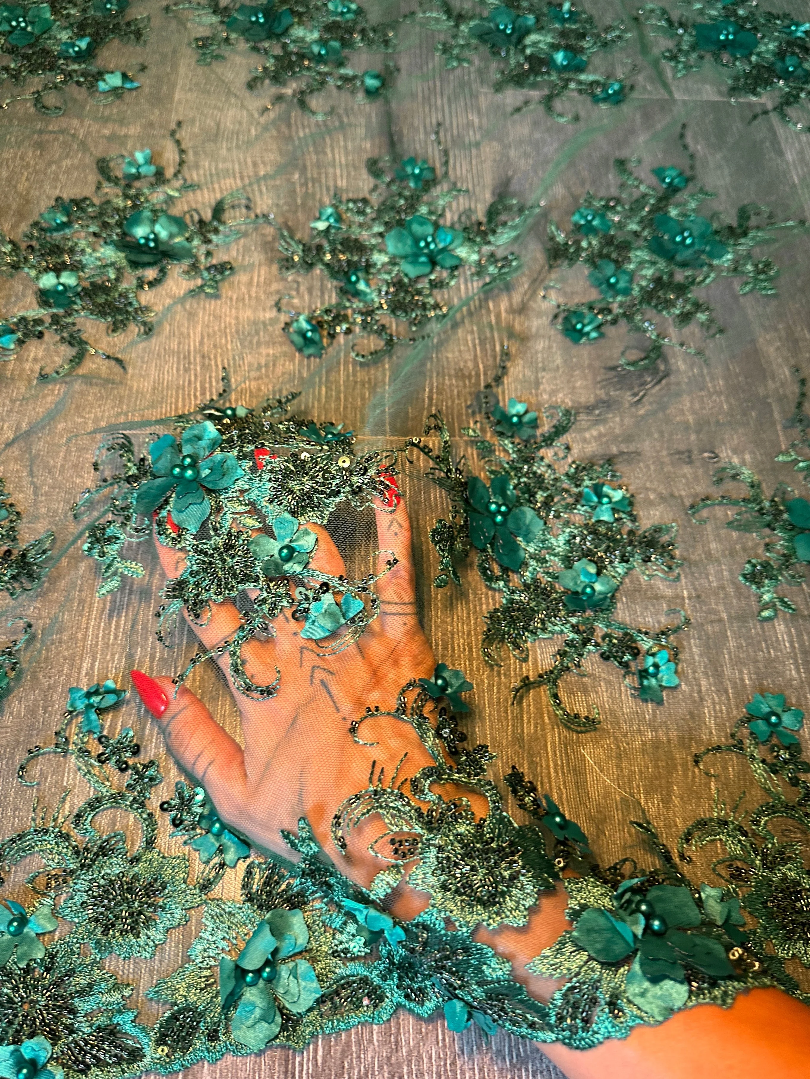 Emerald Green 3D Floral Embroidered Beaded Tulle Lace - Image 5