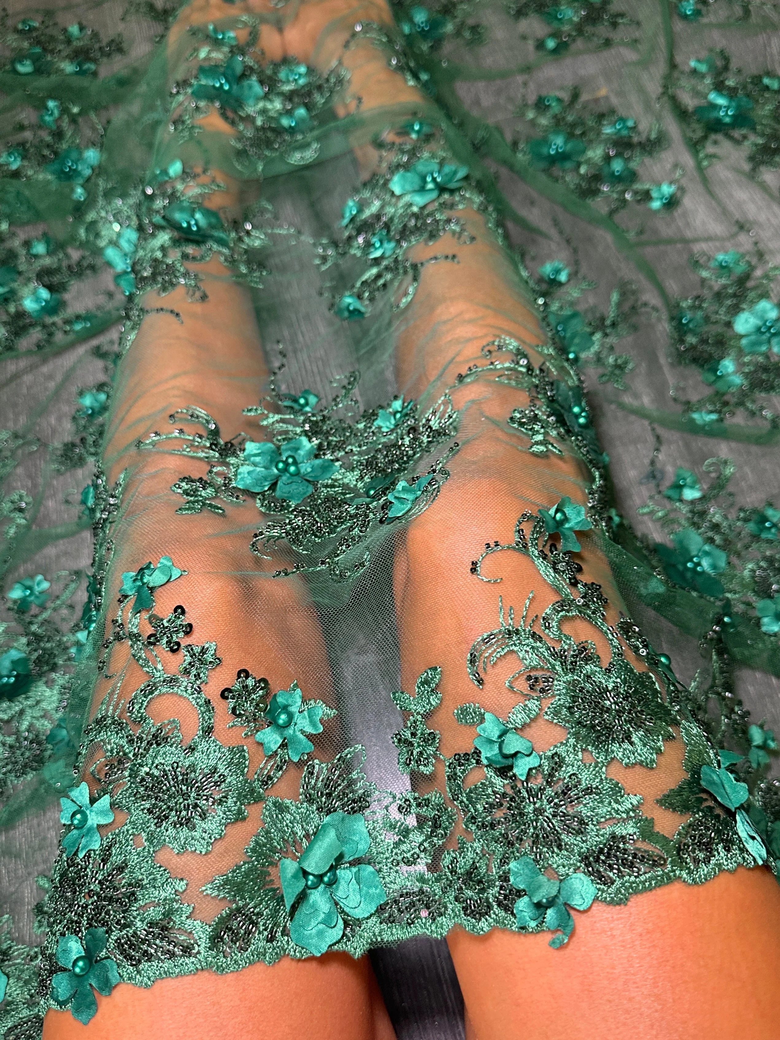 Emerald Green 3D Floral Embroidered Beaded Tulle Lace - Image 6