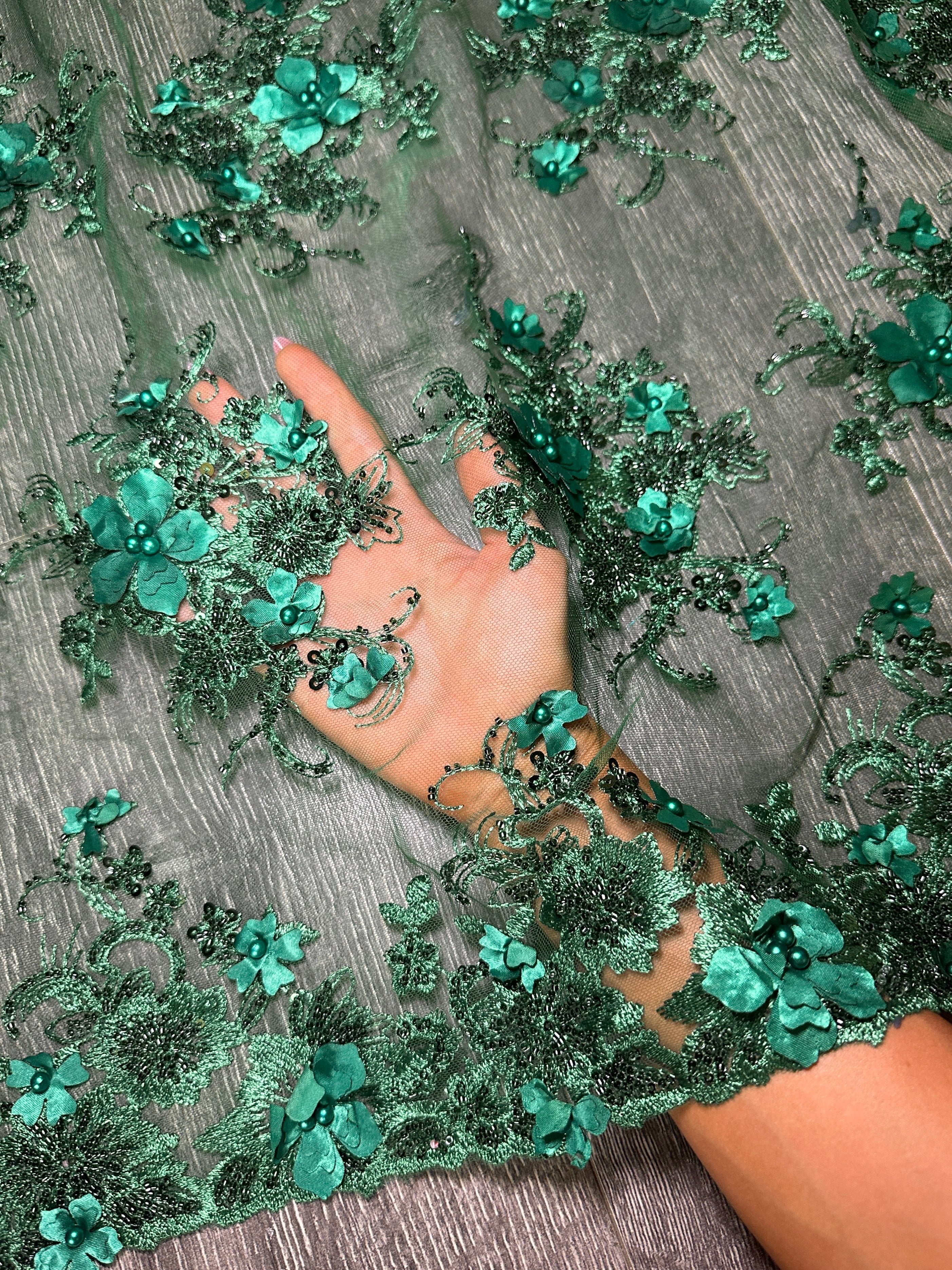 Emerald Green 3D Floral Embroidered Beaded Tulle Lace - Image 7