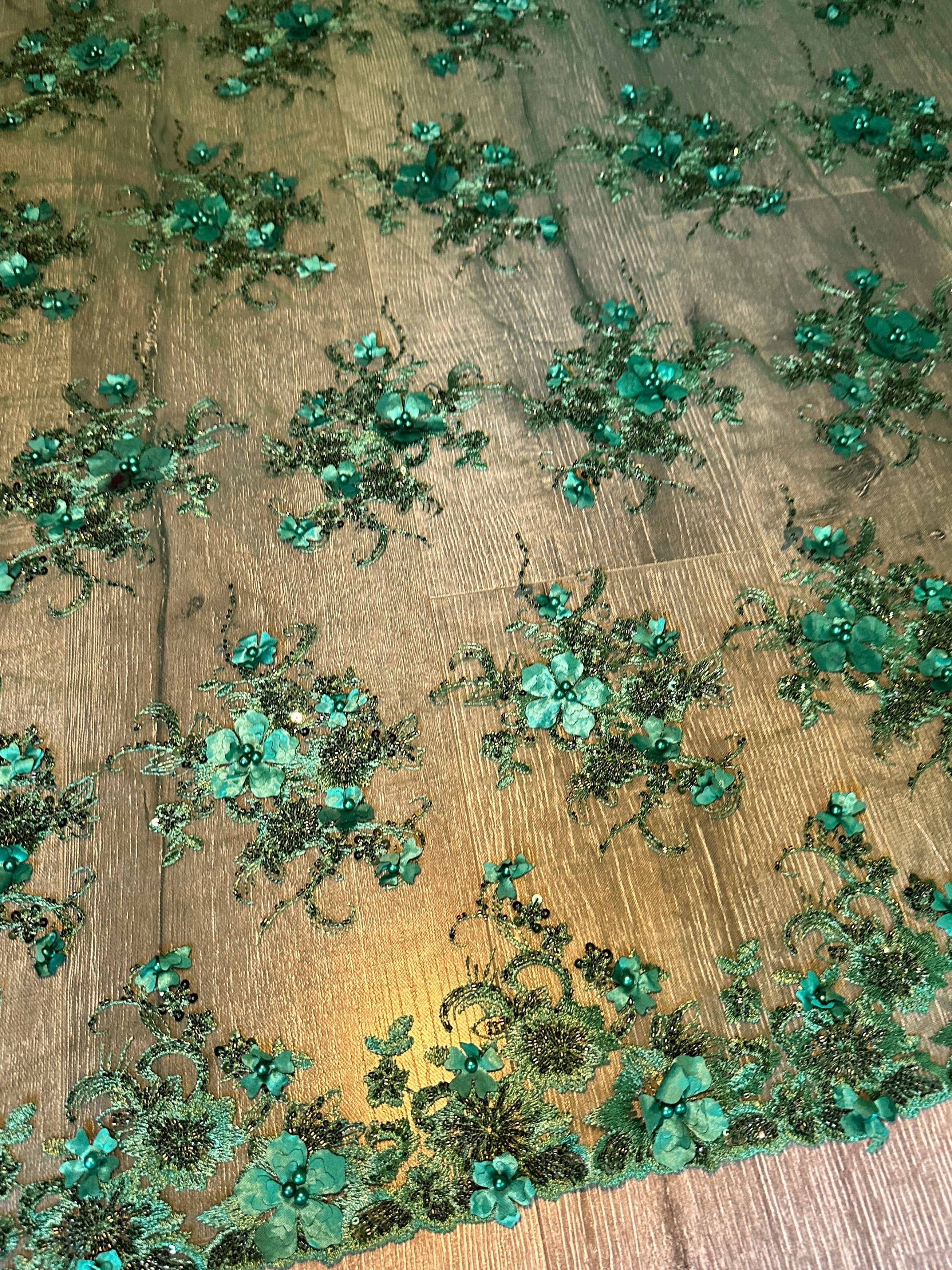 Emerald Green 3D Floral Embroidered Beaded Tulle Lace - Image 8