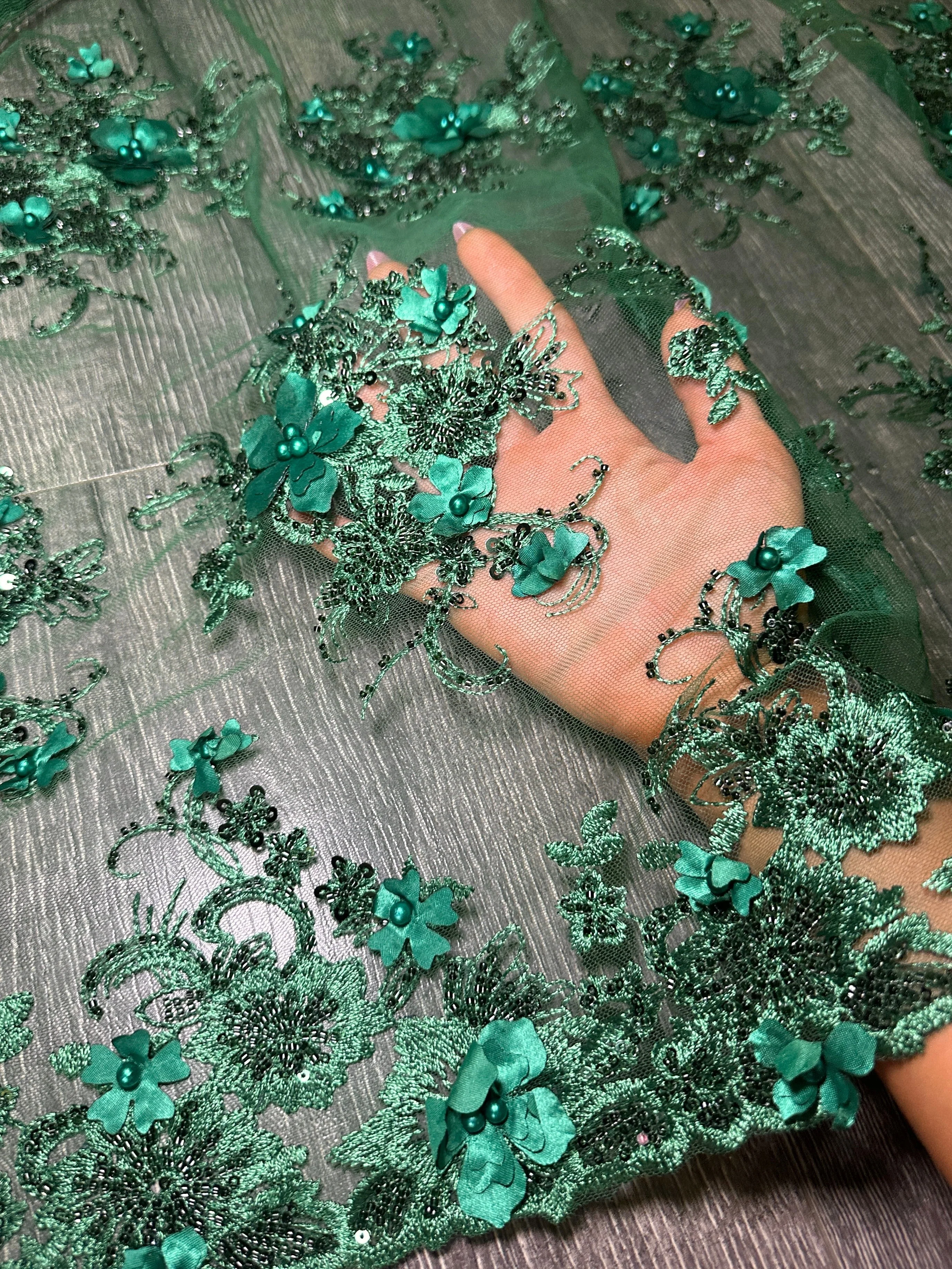 Emerald Green 3D Floral Embroidered Beaded Tulle Lace - Image 9