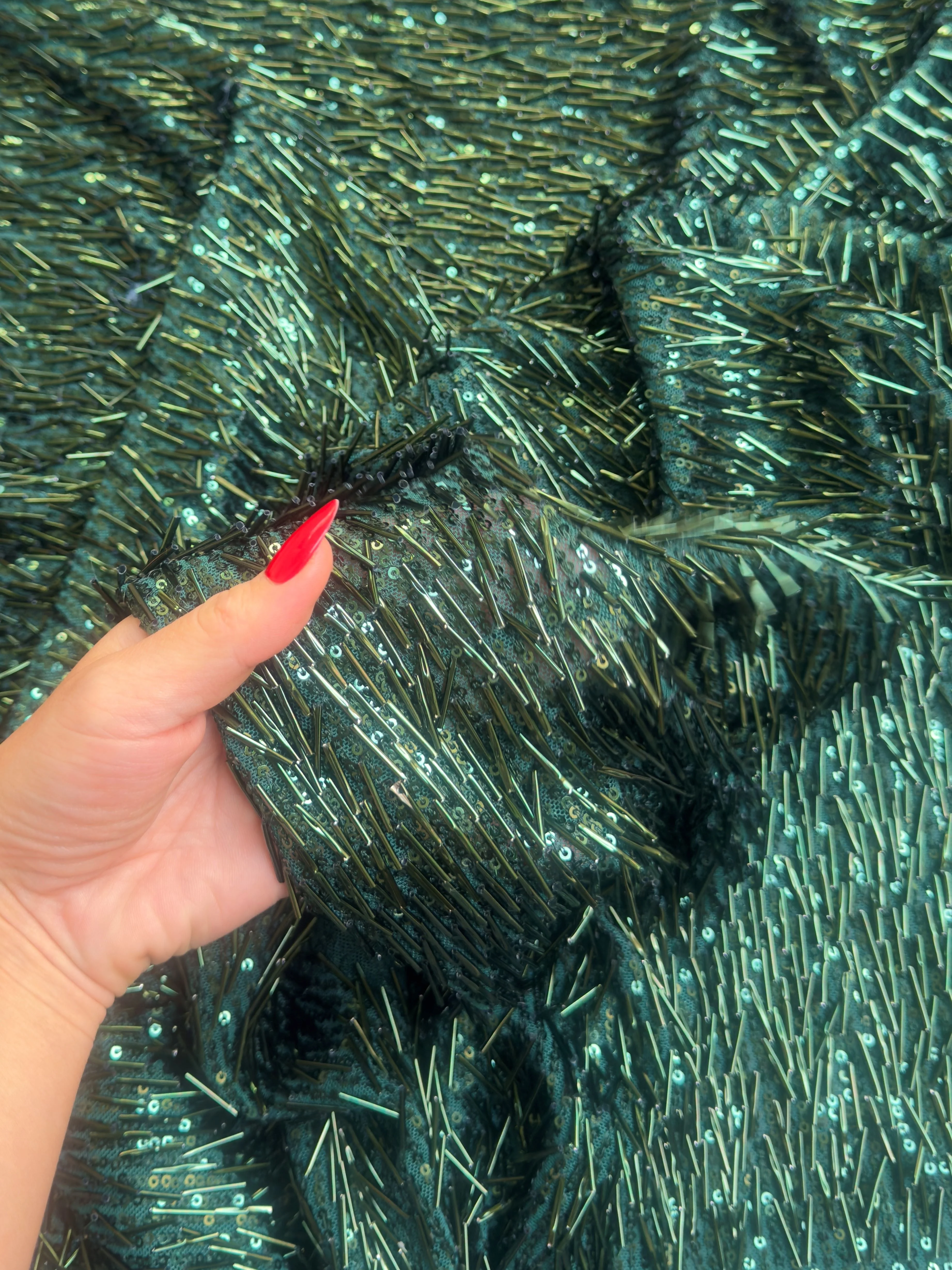 Emerald Green Fringe Sequin on Mesh - Image 5