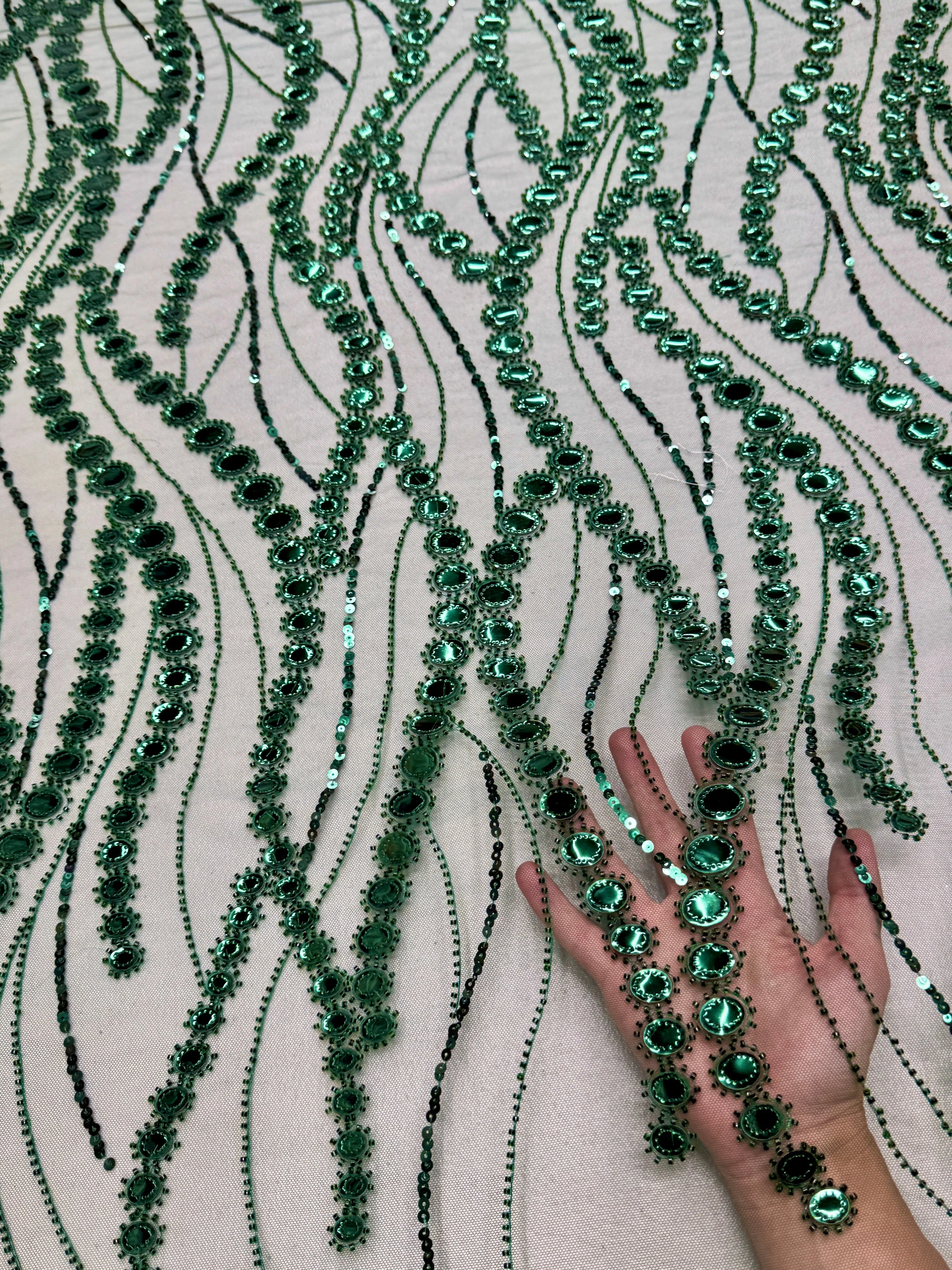 Emerald Green Mirror Sequin Wave Lace