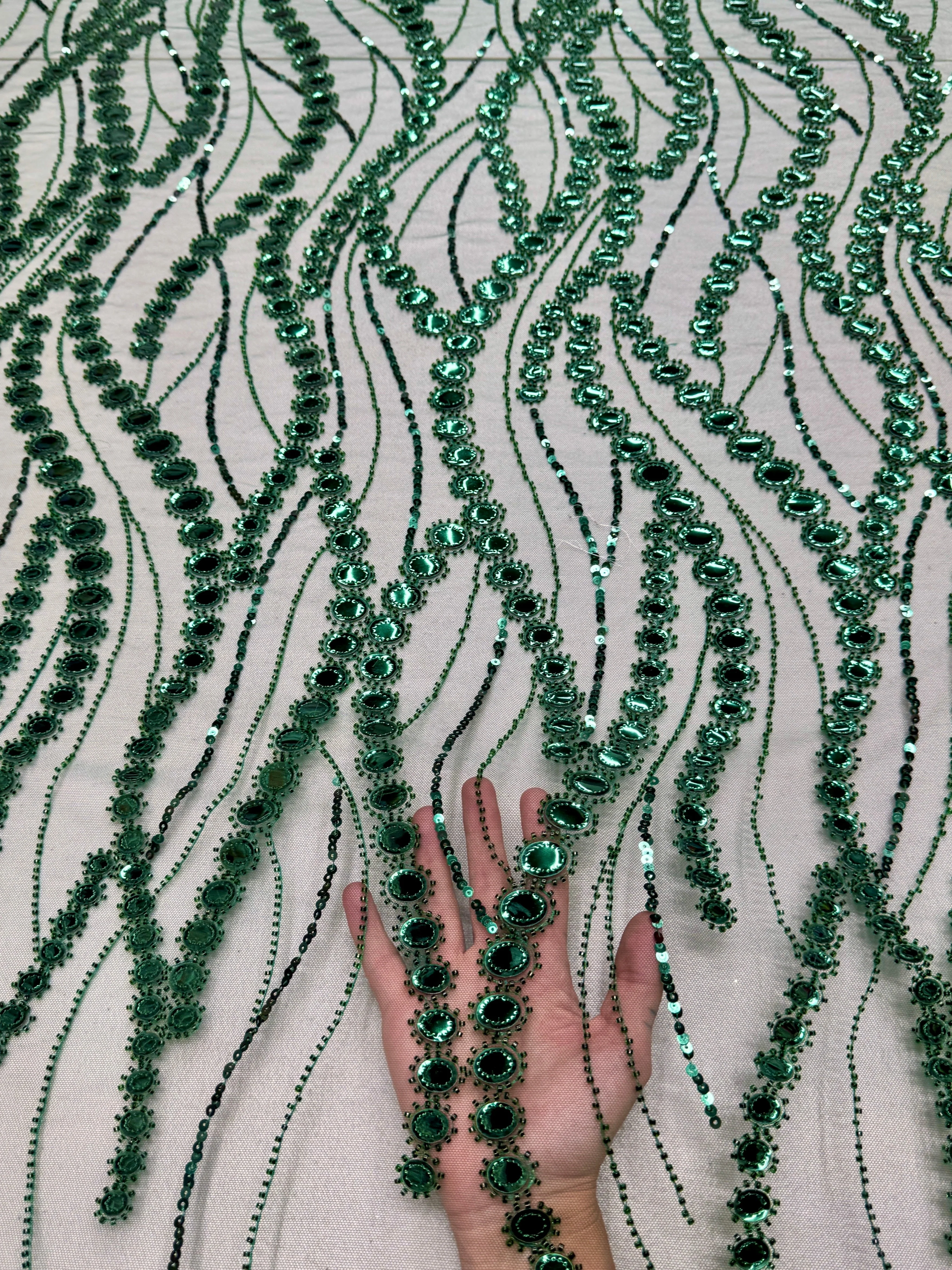 Emerald Green Mirror Sequin Wave Lace - Image 2