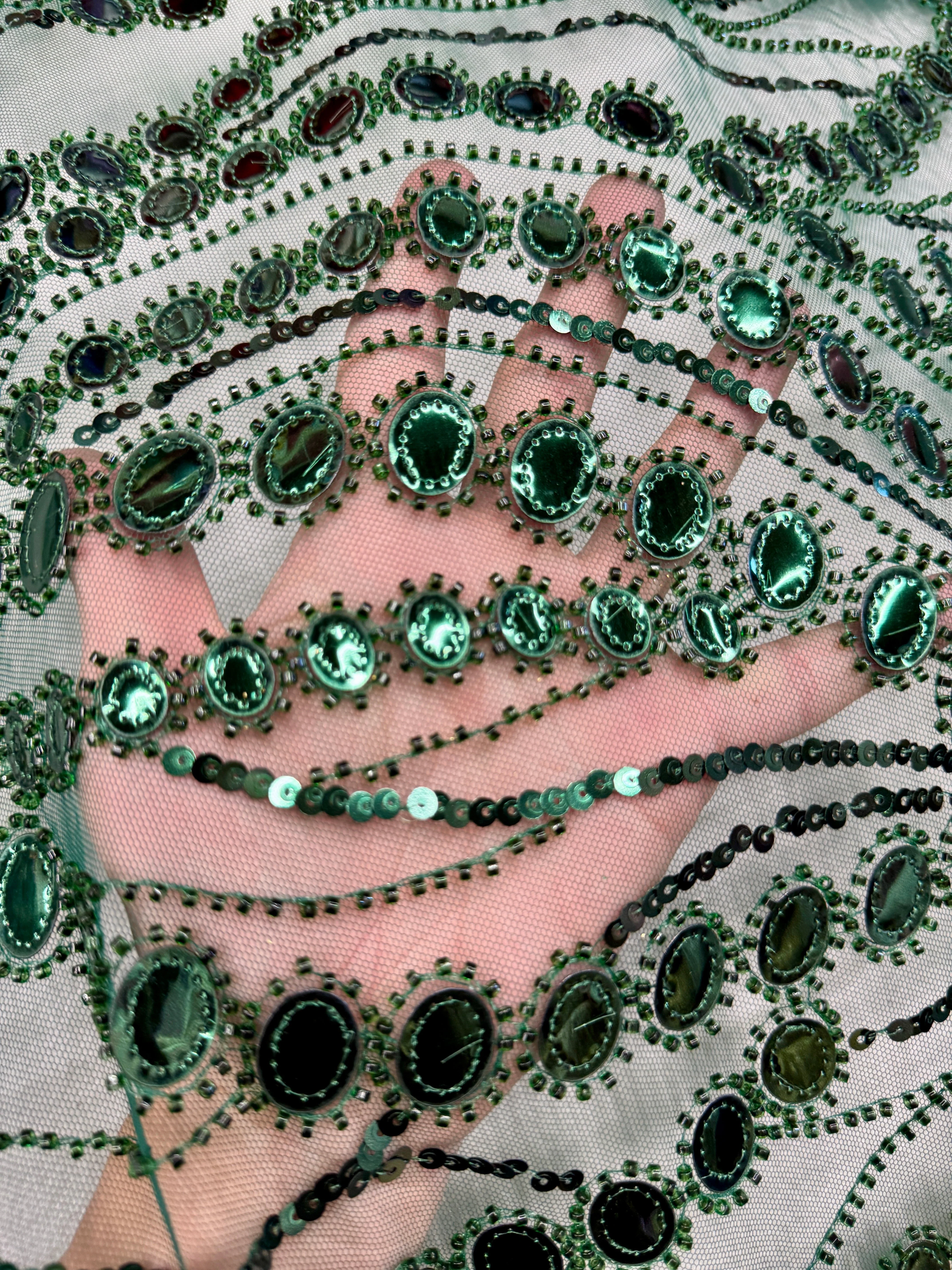 Emerald Green Mirror Sequin Wave Lace - Image 3