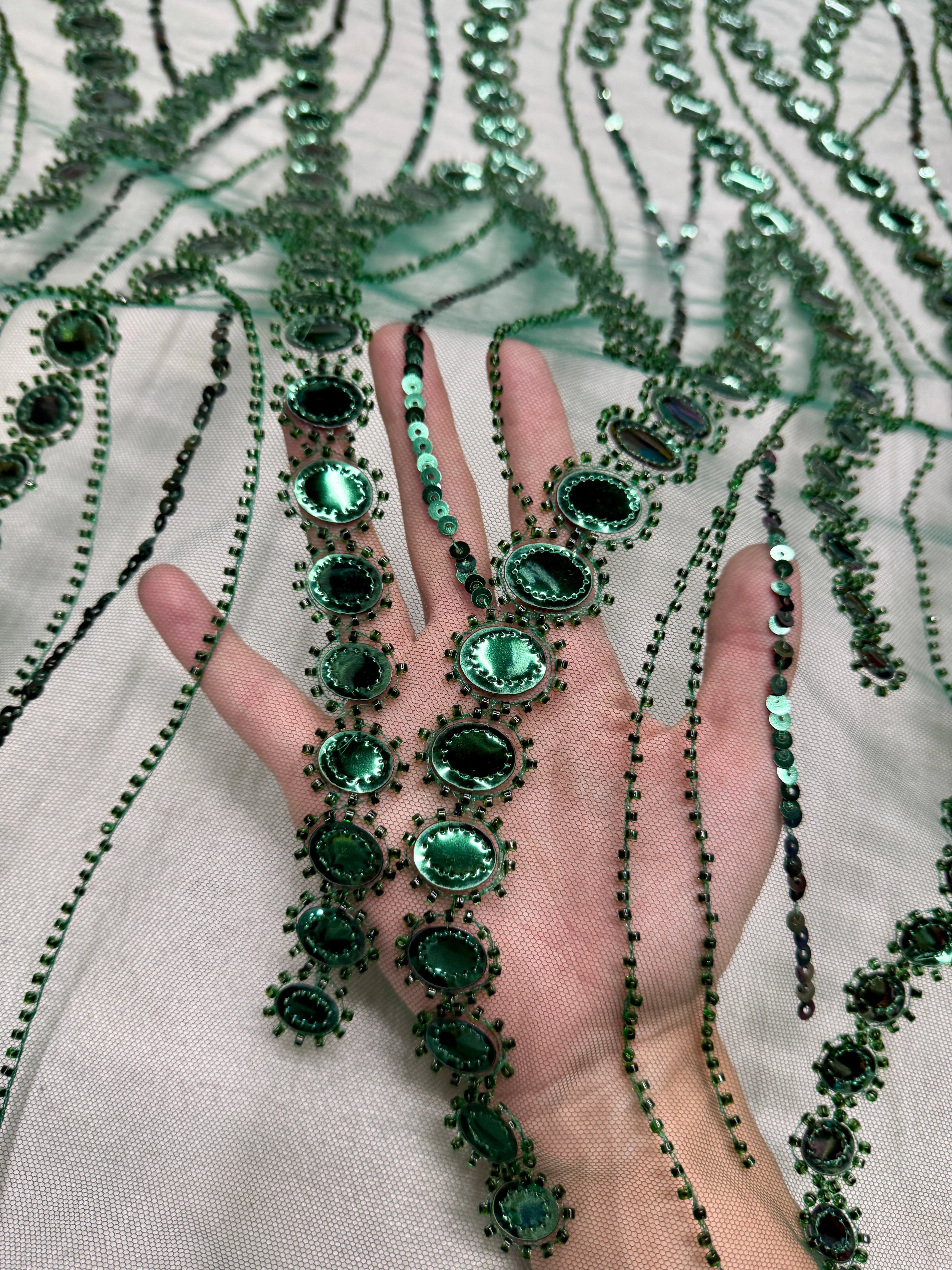 Emerald Green Mirror Sequin Wave Lace - Image 7