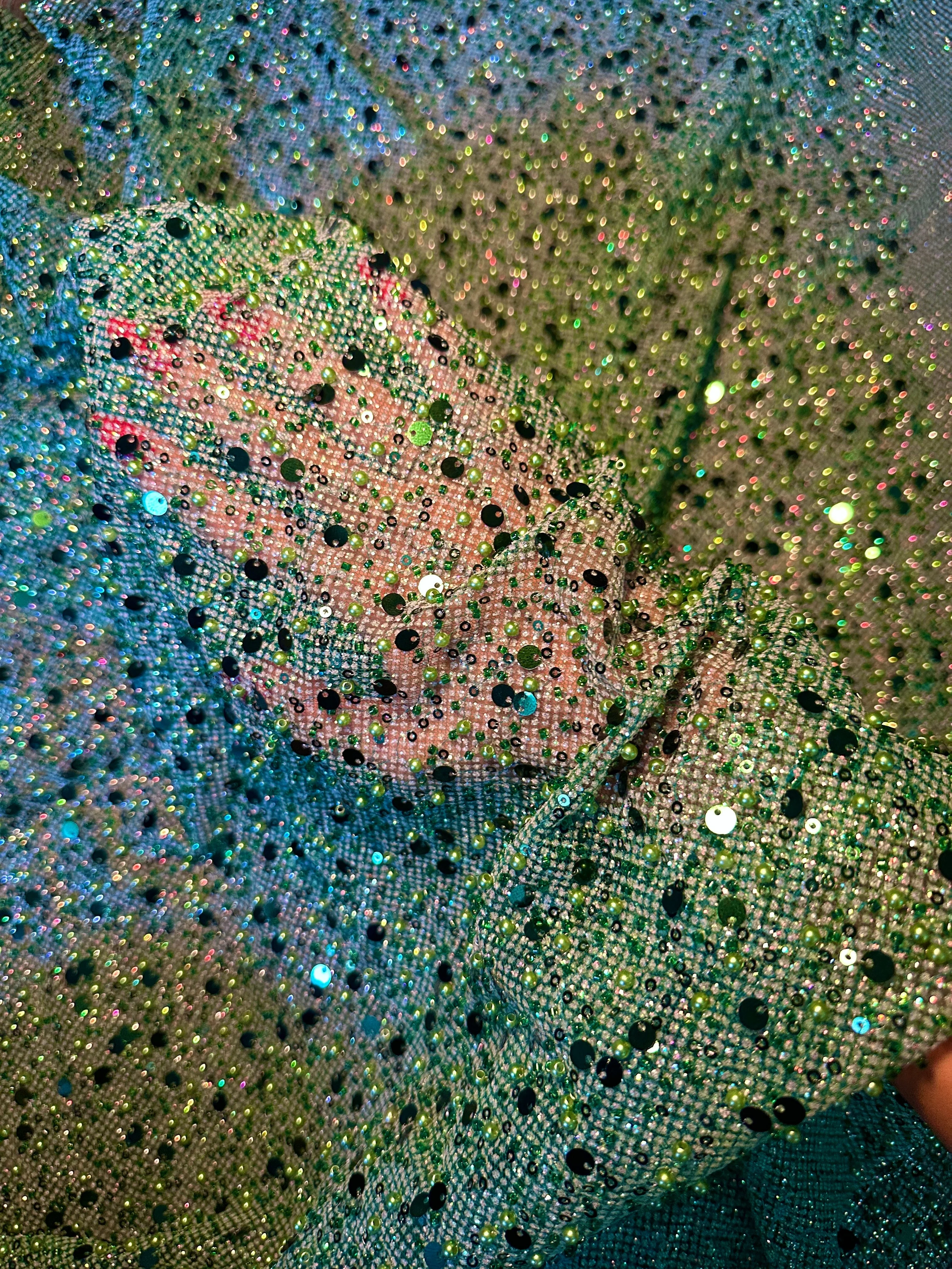 Emerald Green Sequin Beaded Pearl Mesh