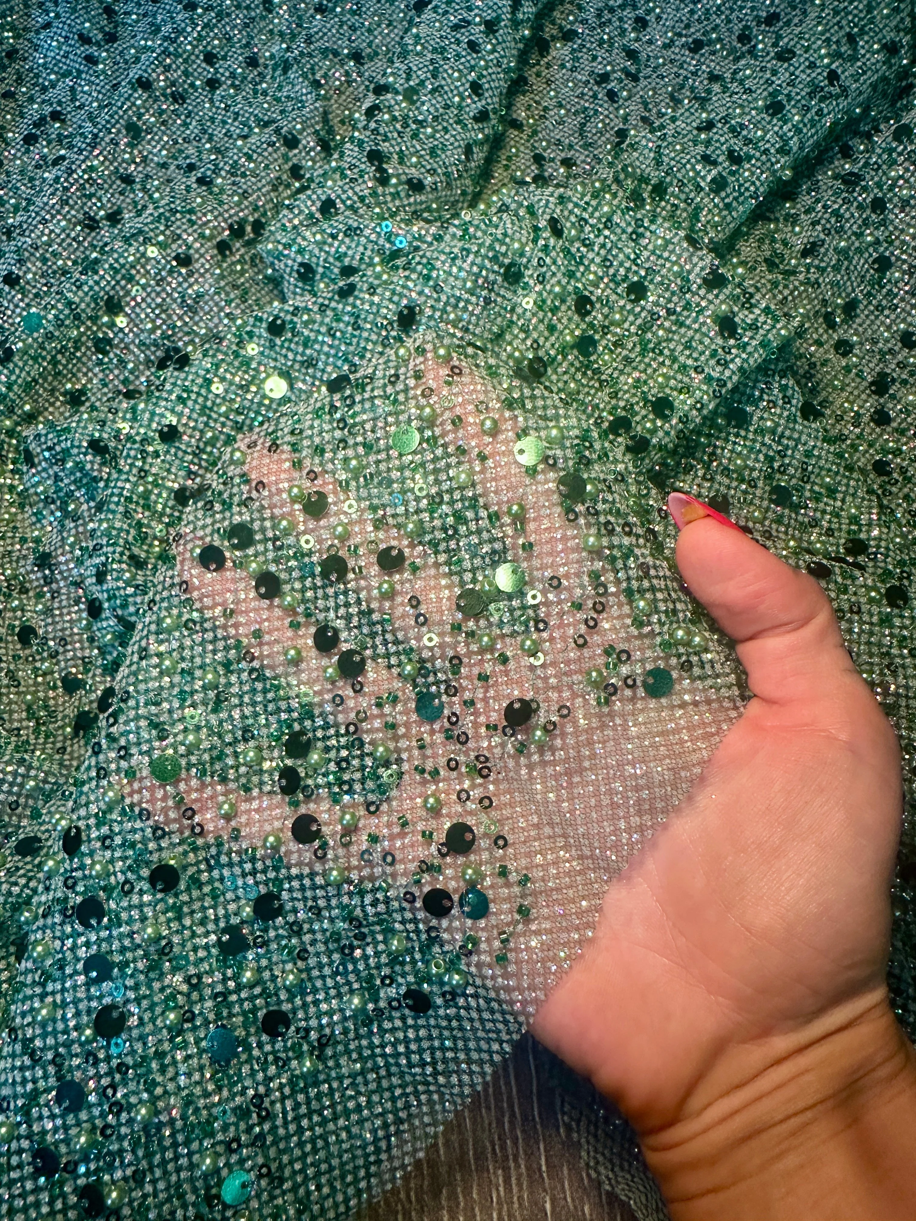 Emerald Green Sequin Beaded Pearl Mesh - Image 3