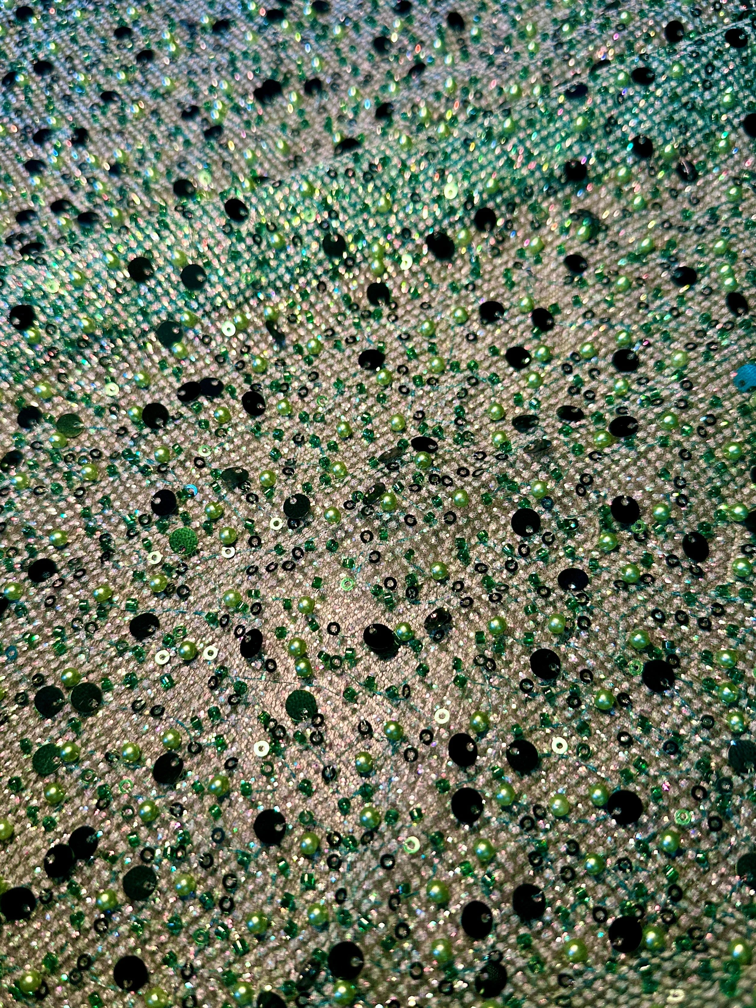 Emerald Green Sequin Beaded Pearl Mesh - Image 4