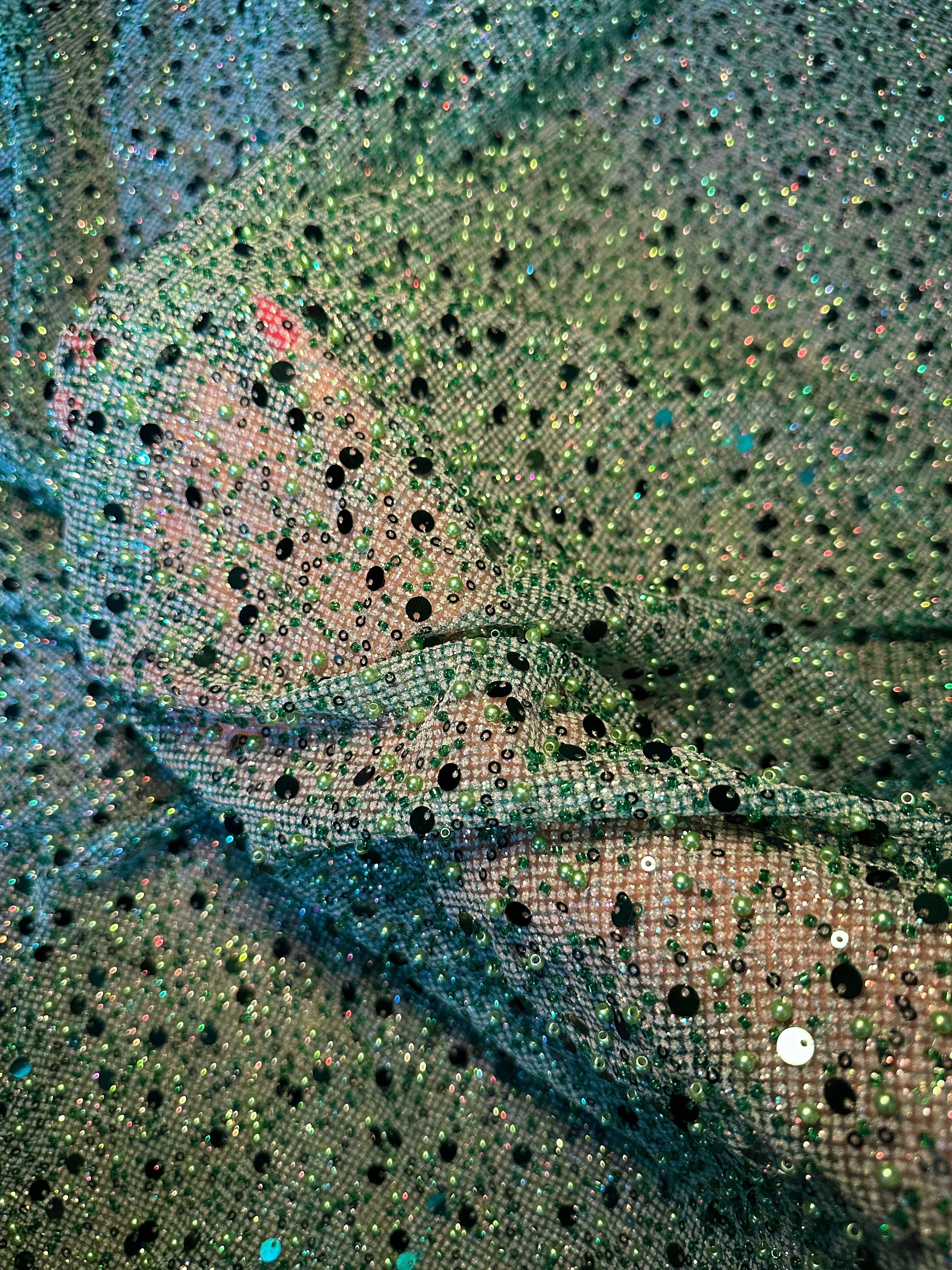Emerald Green Sequin Beaded Pearl Mesh - Image 5