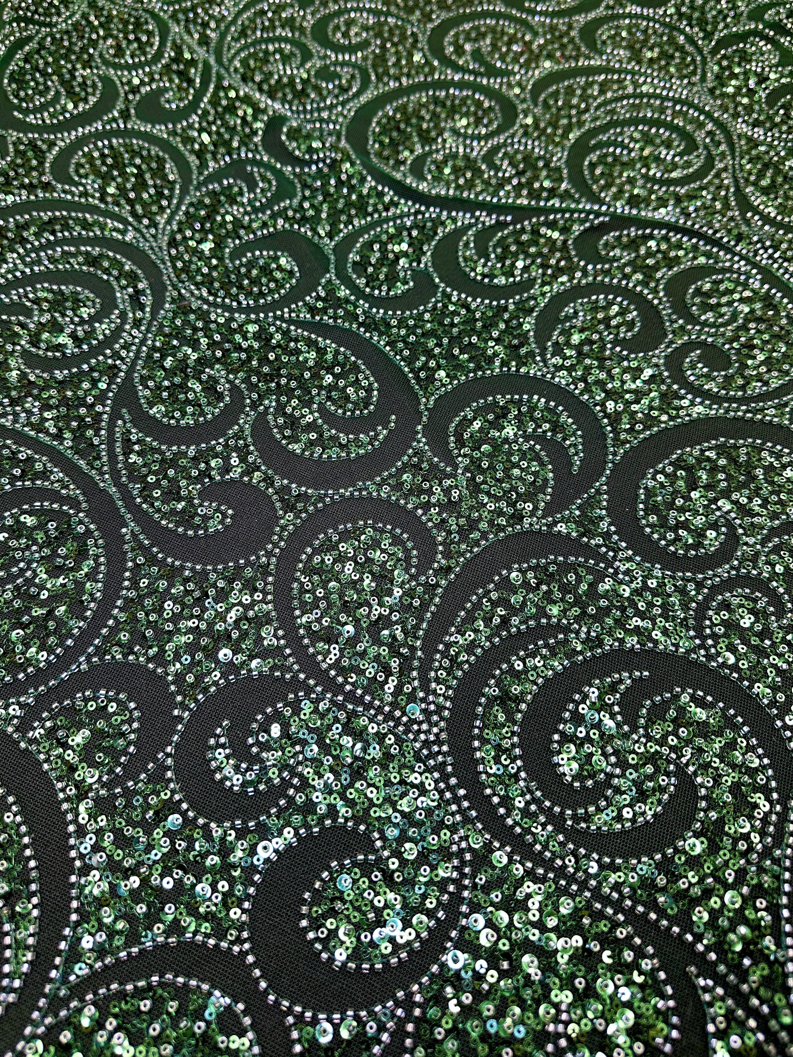 Emerald Green Sequin Beaded Scroll Lace on Mesh - Image 2