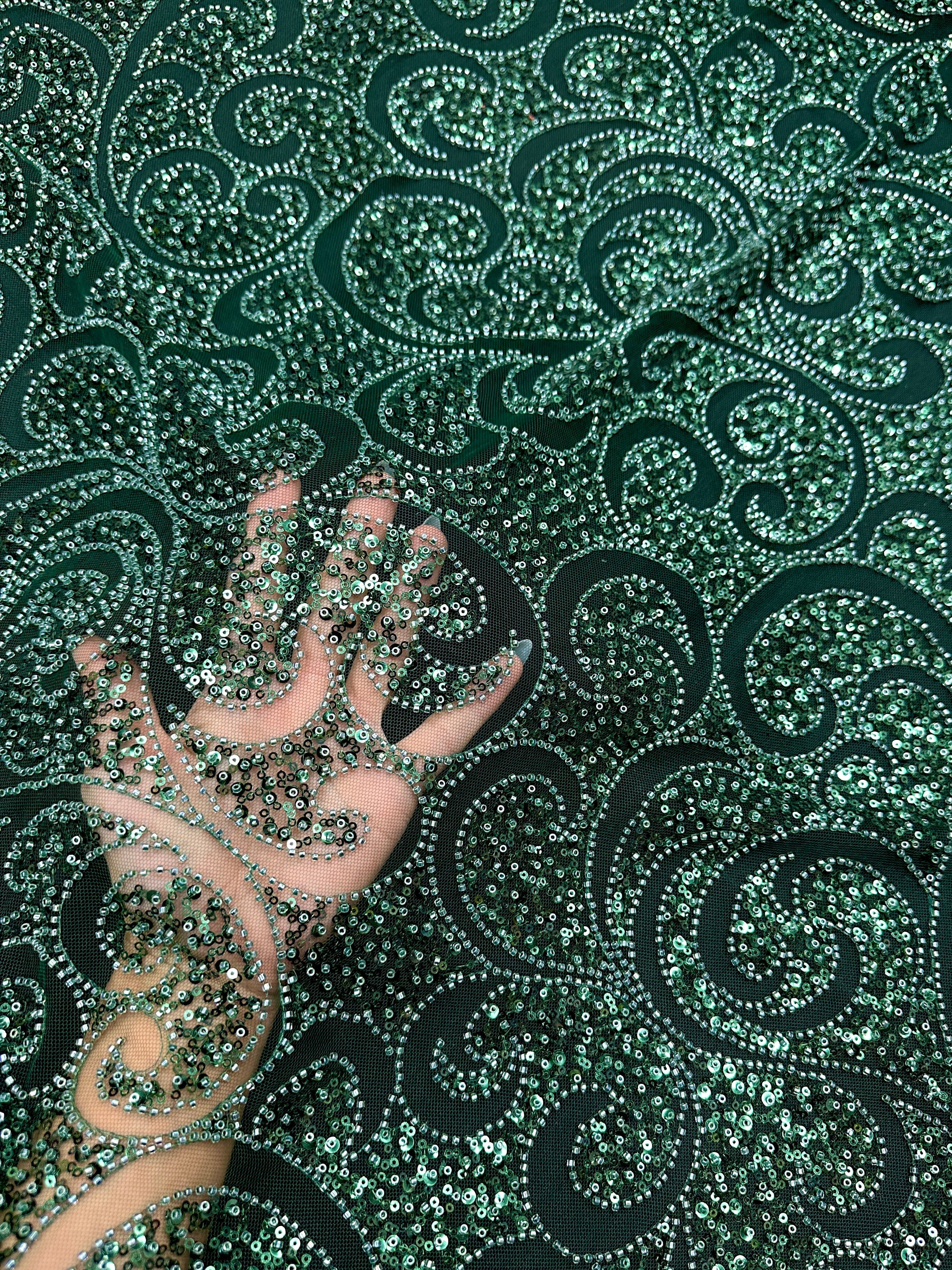 Emerald Green Sequin Beaded Scroll Lace on Mesh - Image 3