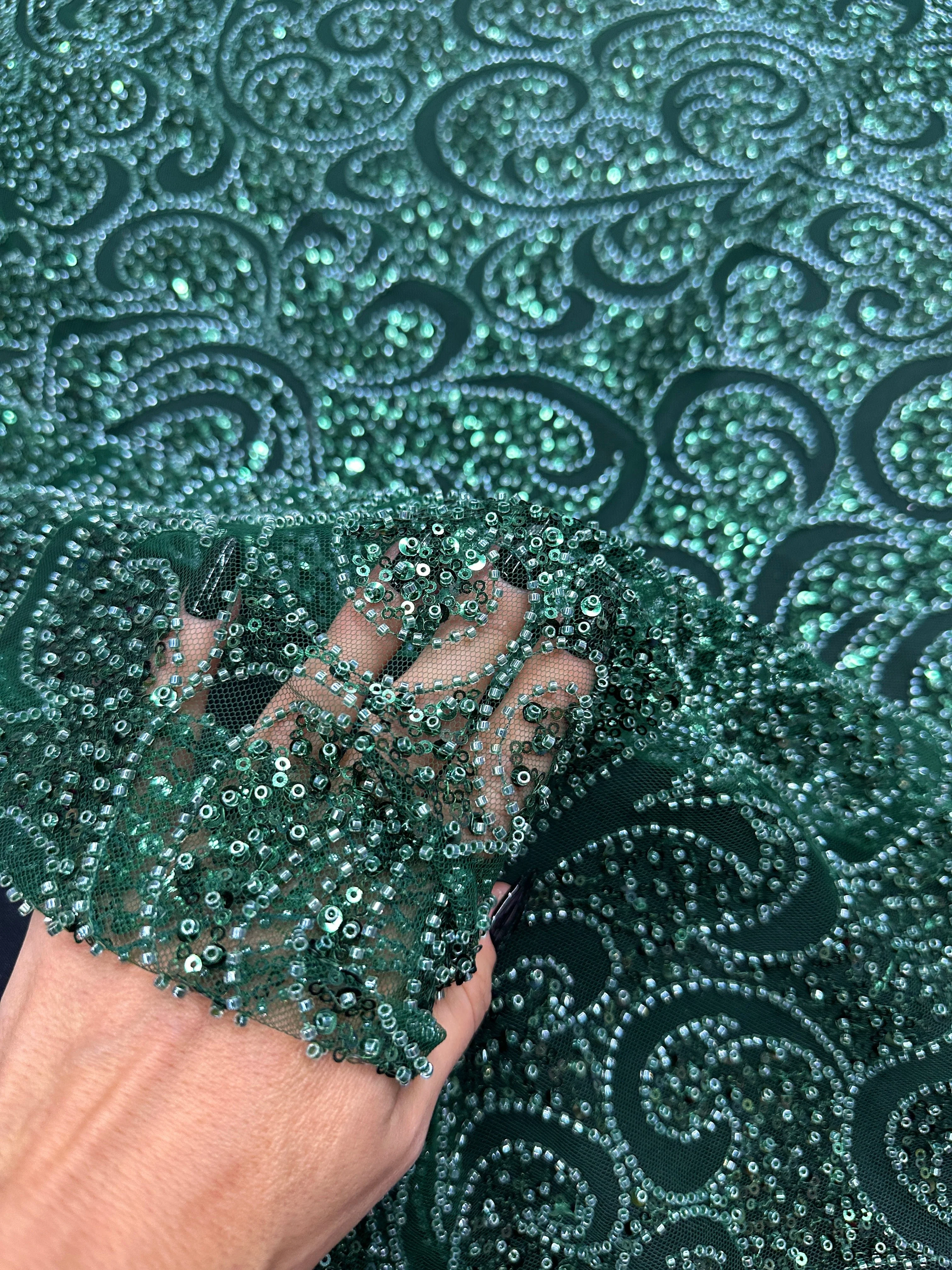 Emerald Green Sequin Beaded Scroll Lace on Mesh - Image 4