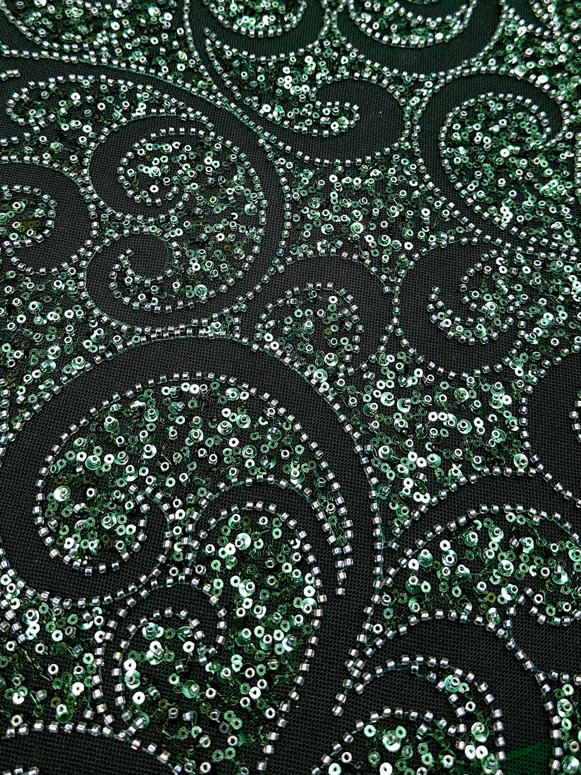 Emerald Green Sequin Beaded Scroll Lace on Mesh - Image 5