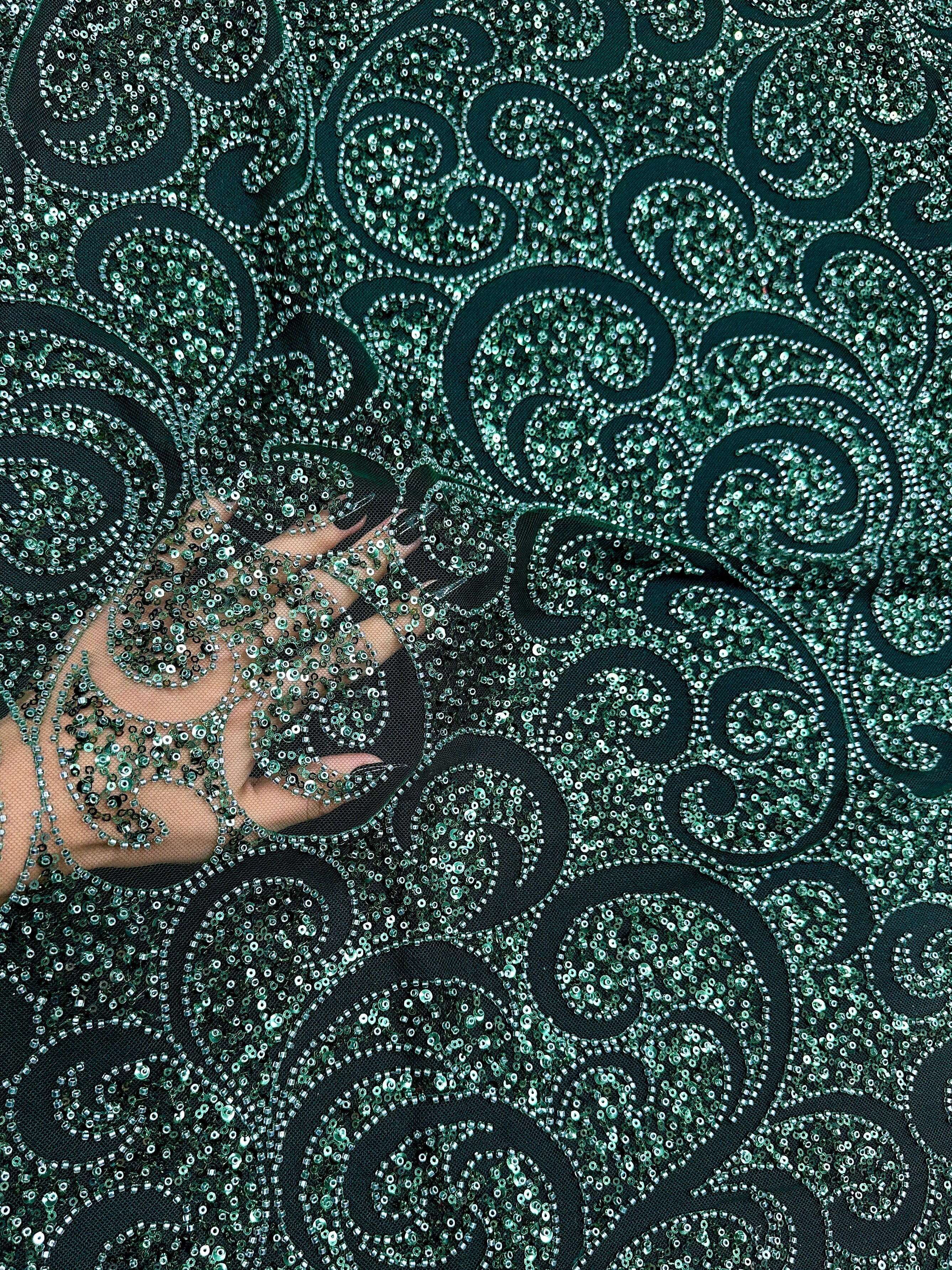 Emerald Green Sequin Beaded Scroll Lace on Mesh - Image 6