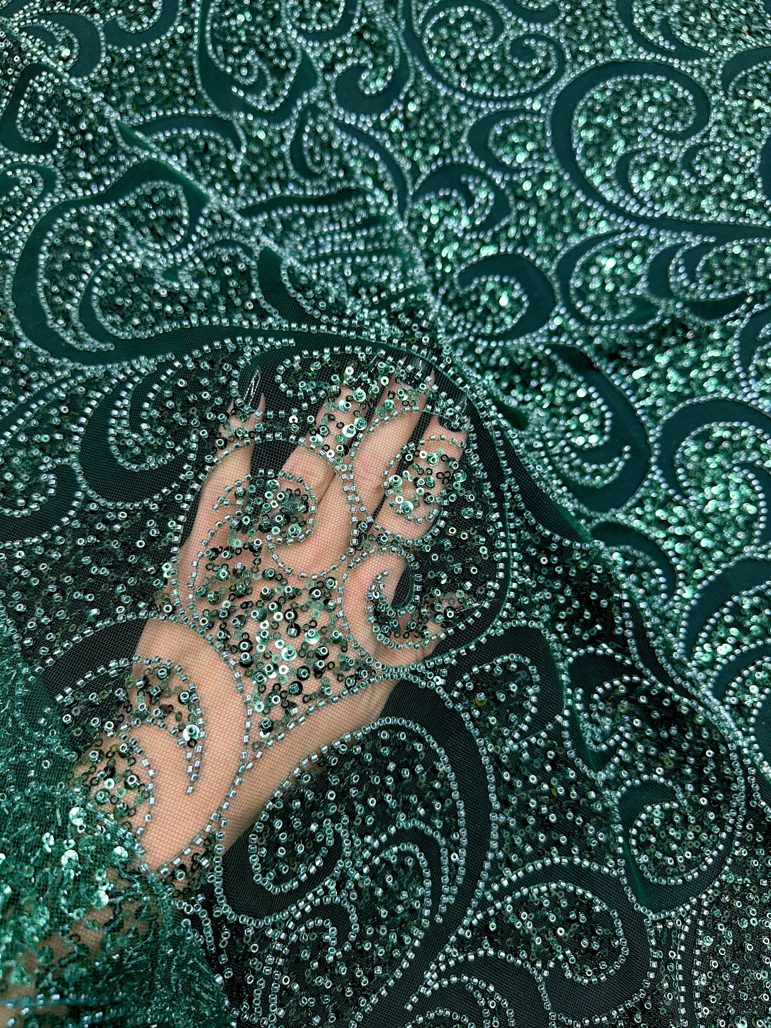 Emerald Green Sequin Beaded Scroll Lace on Mesh - Image 7