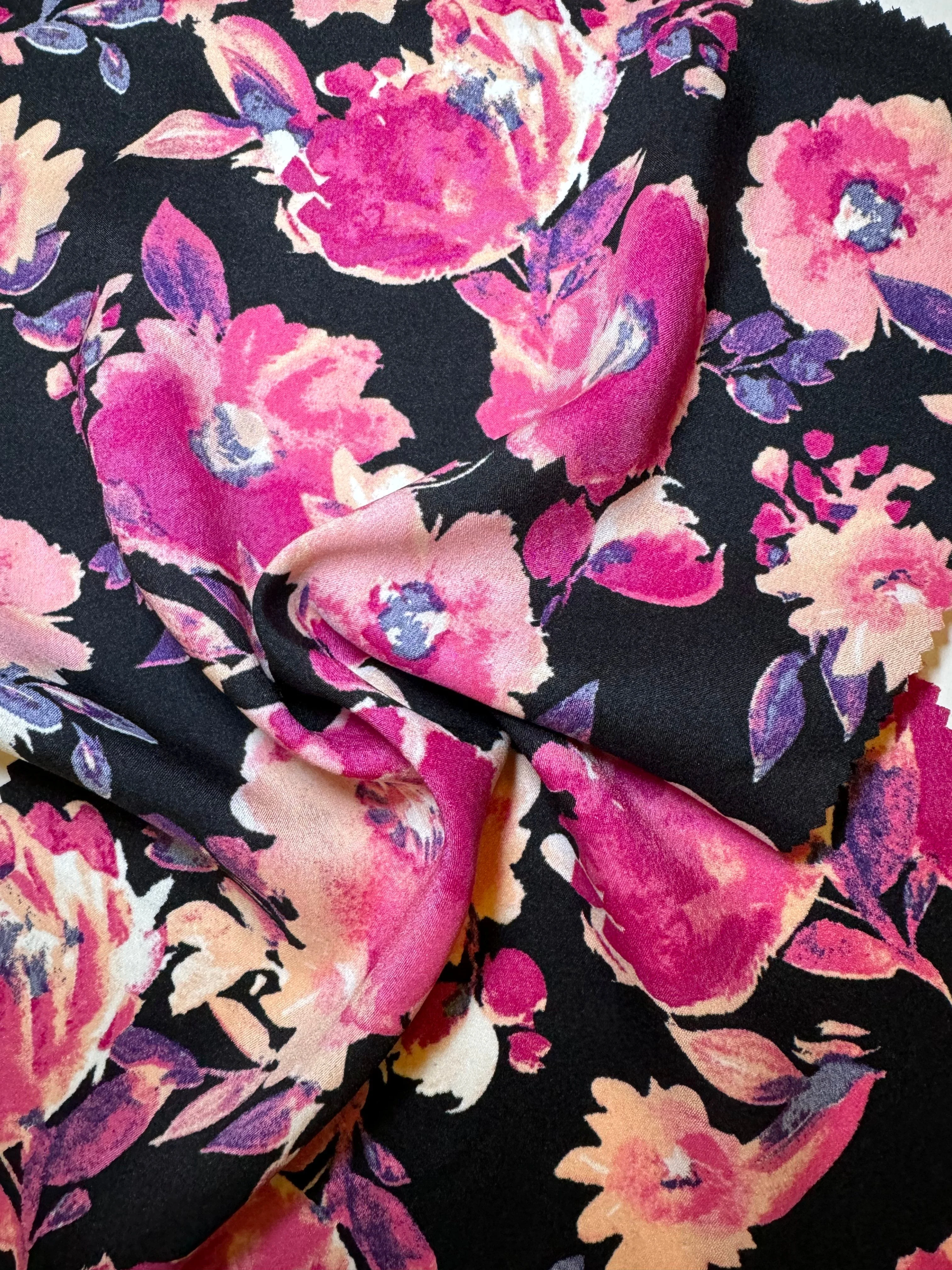 Fuchsia Black Floral Print Satin - Image 3