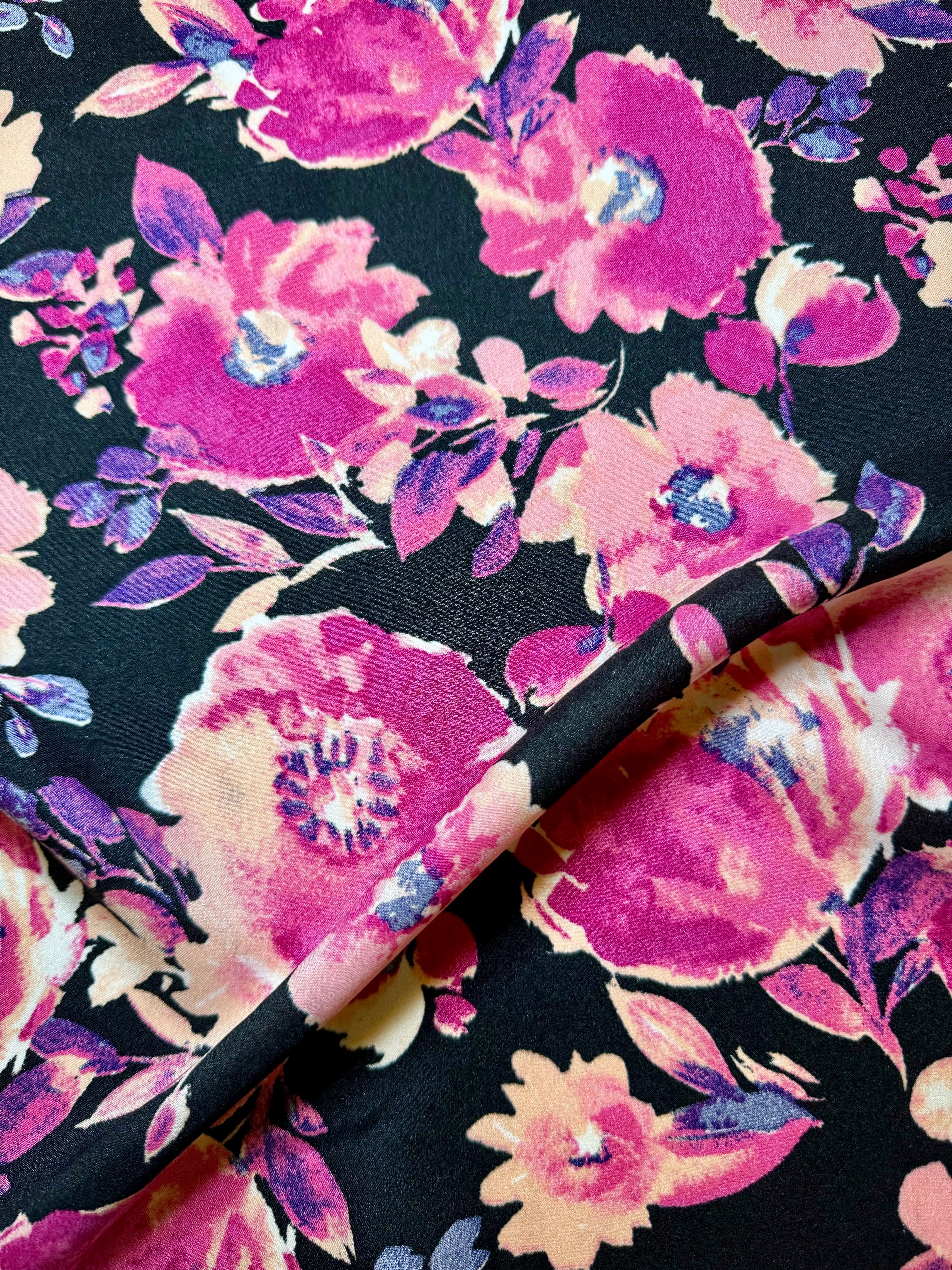 Fuchsia Black Floral Print Satin - Image 4