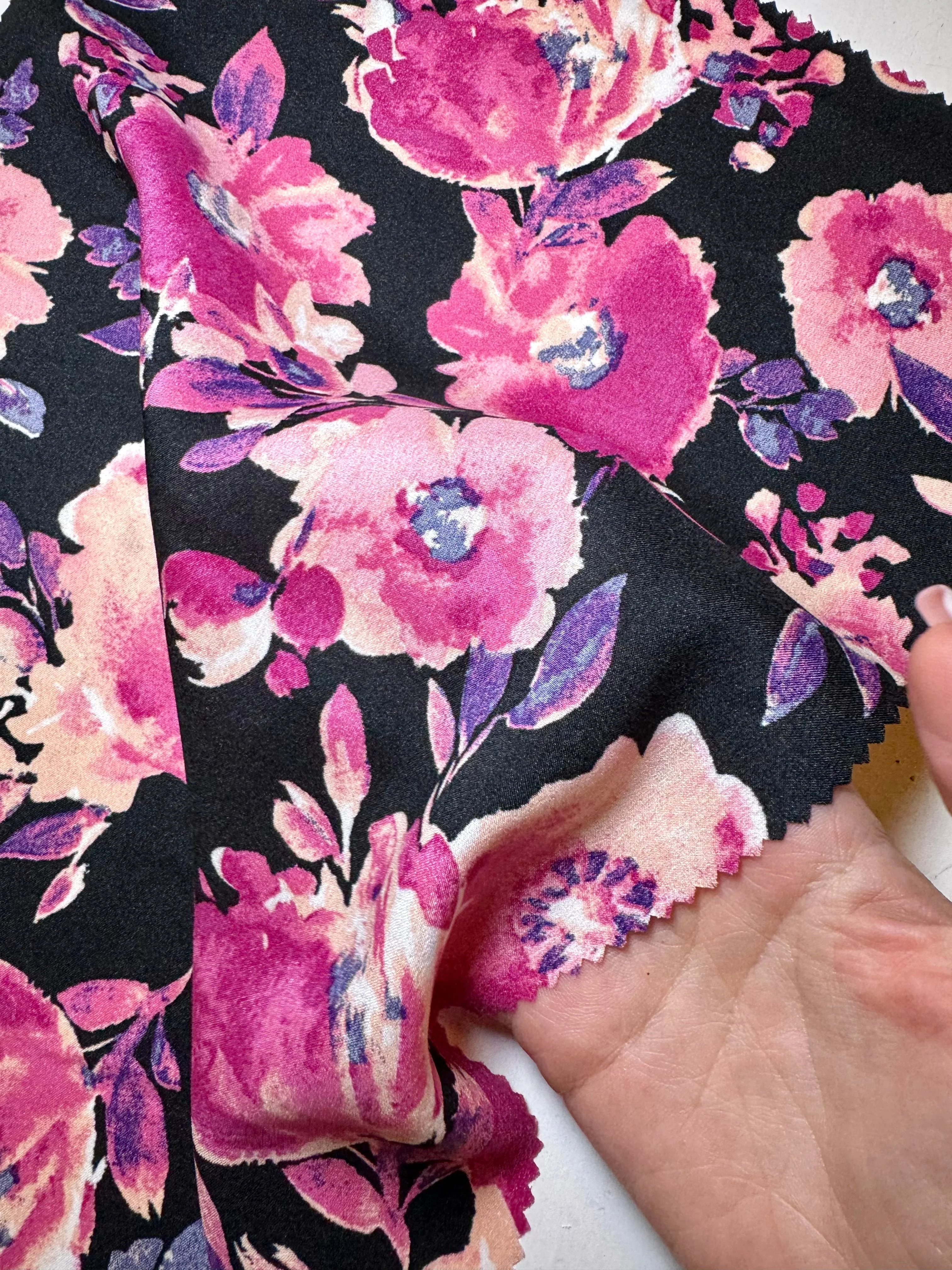Fuchsia Black Floral Print Satin - Image 5