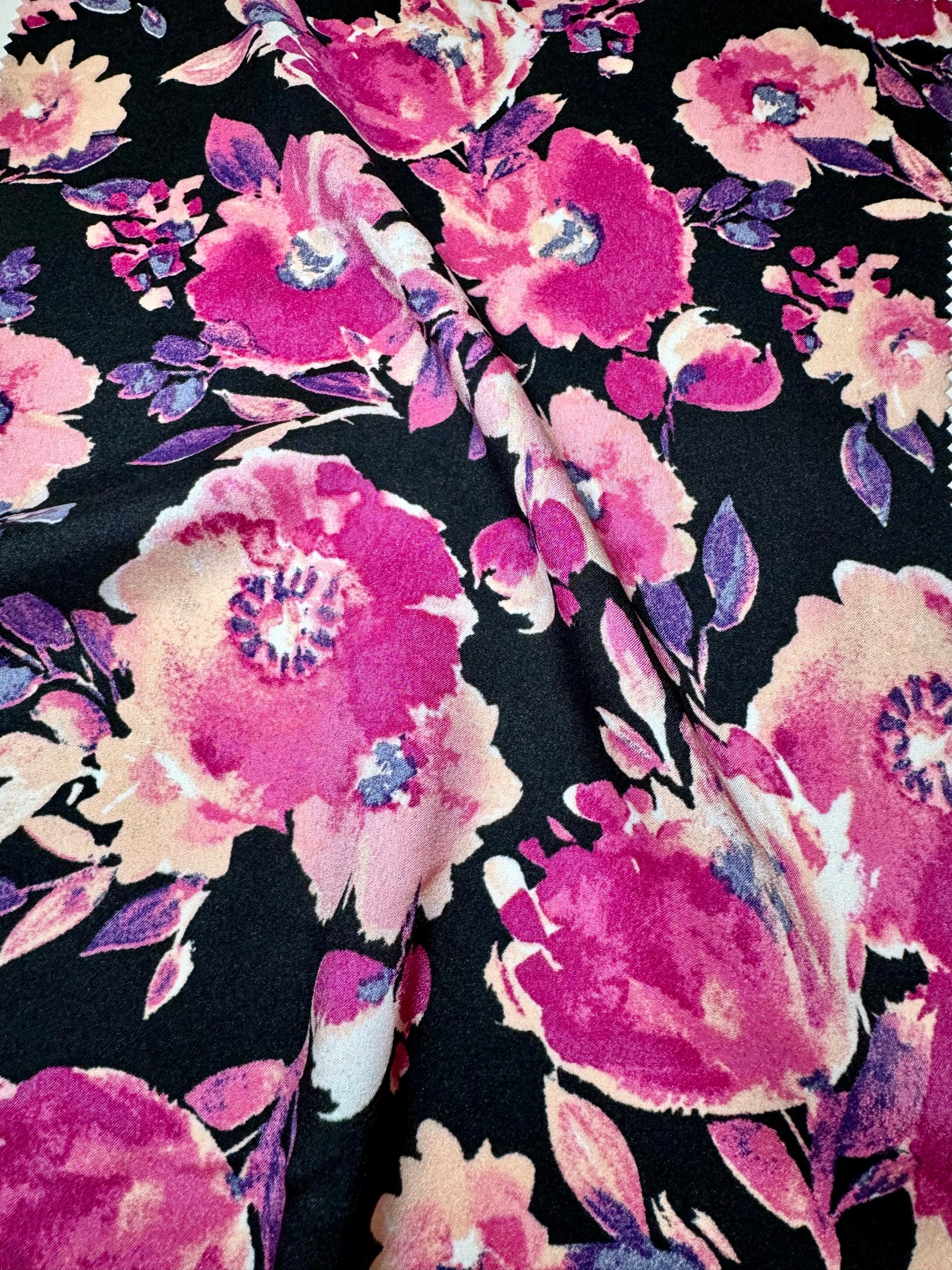 Fuchsia Black Floral Print Satin - Image 7