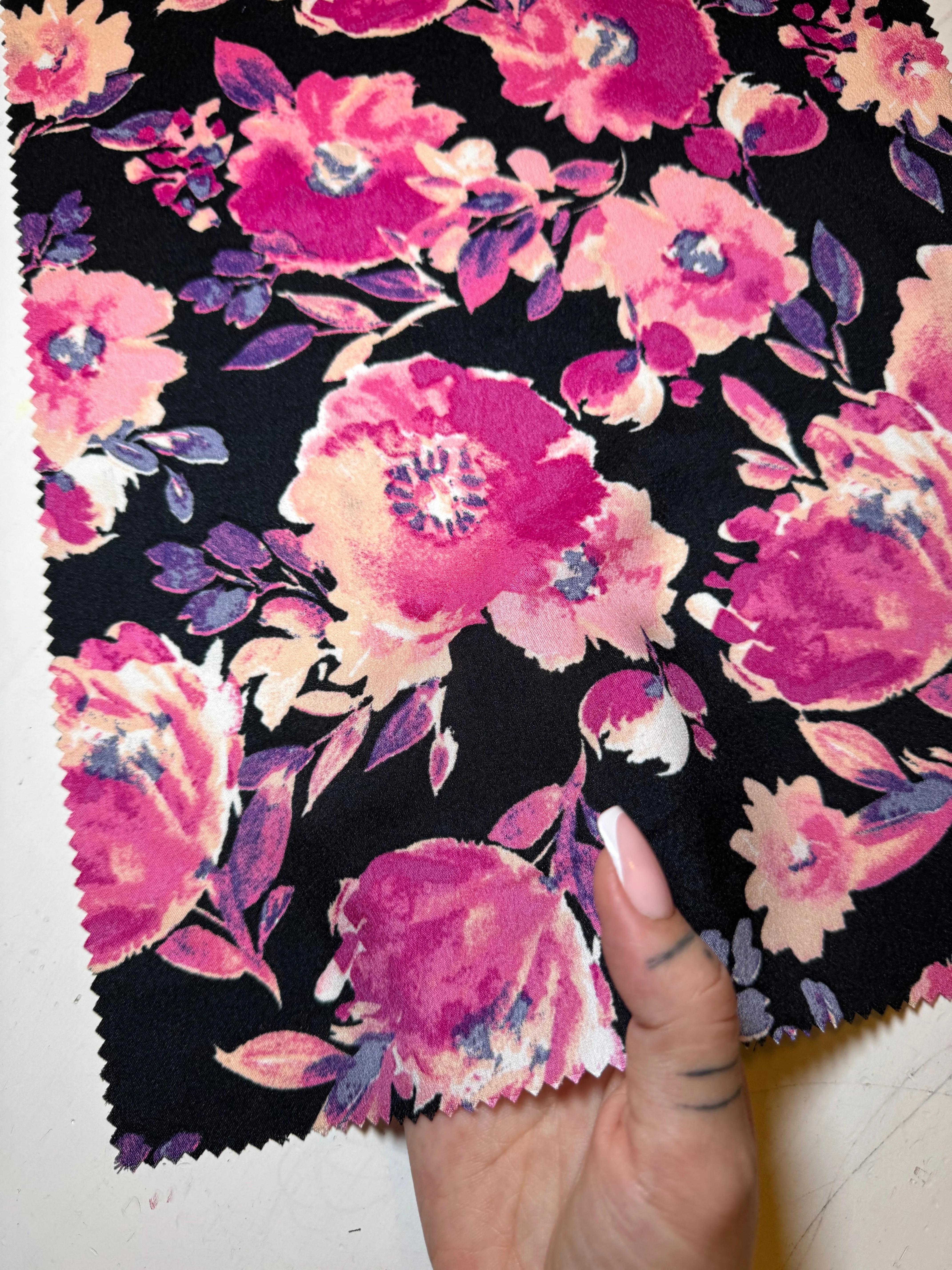 Fuchsia Black Floral Print Satin - Image 8