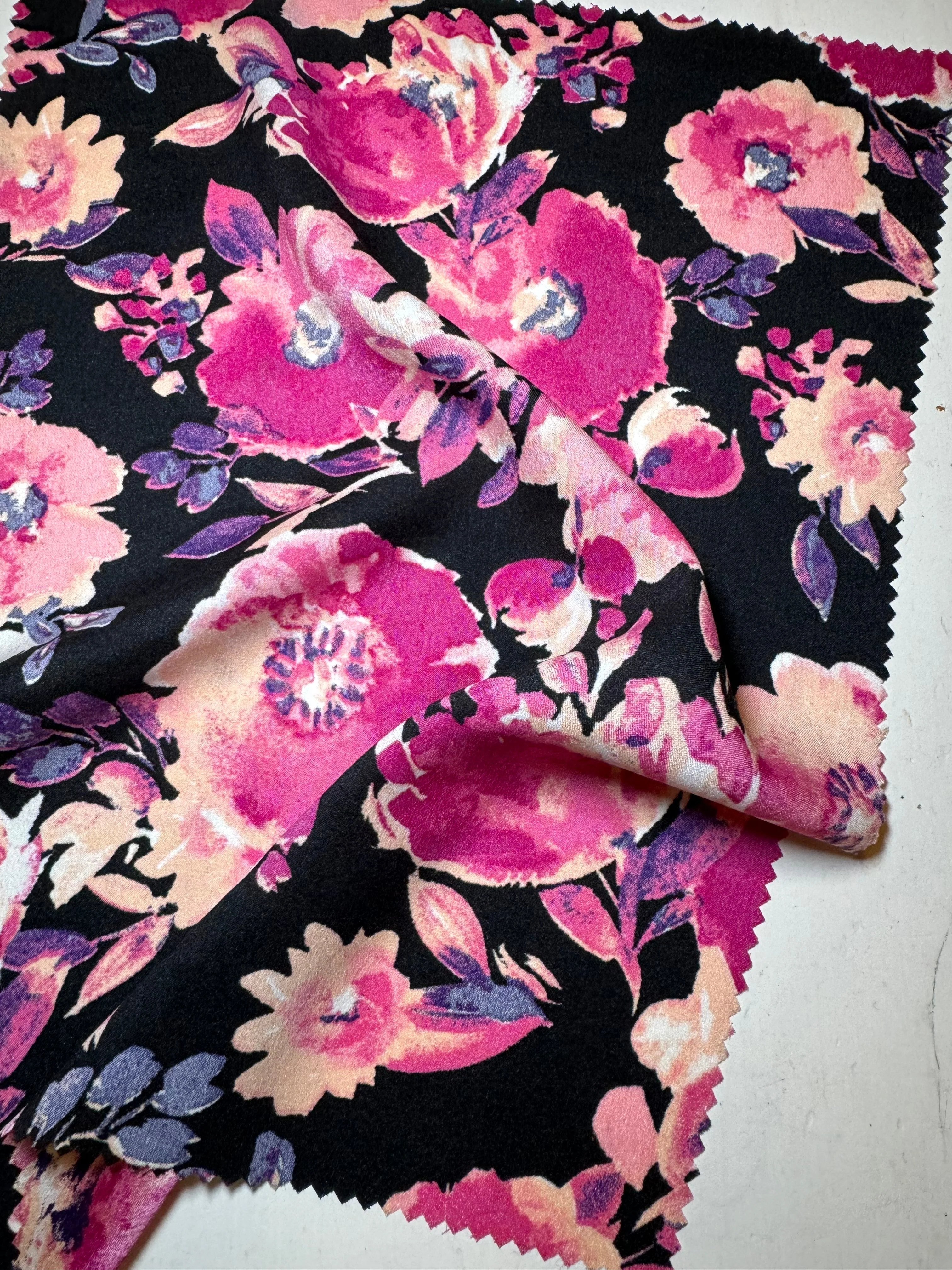 Fuchsia Black Floral Print Satin - Image 9