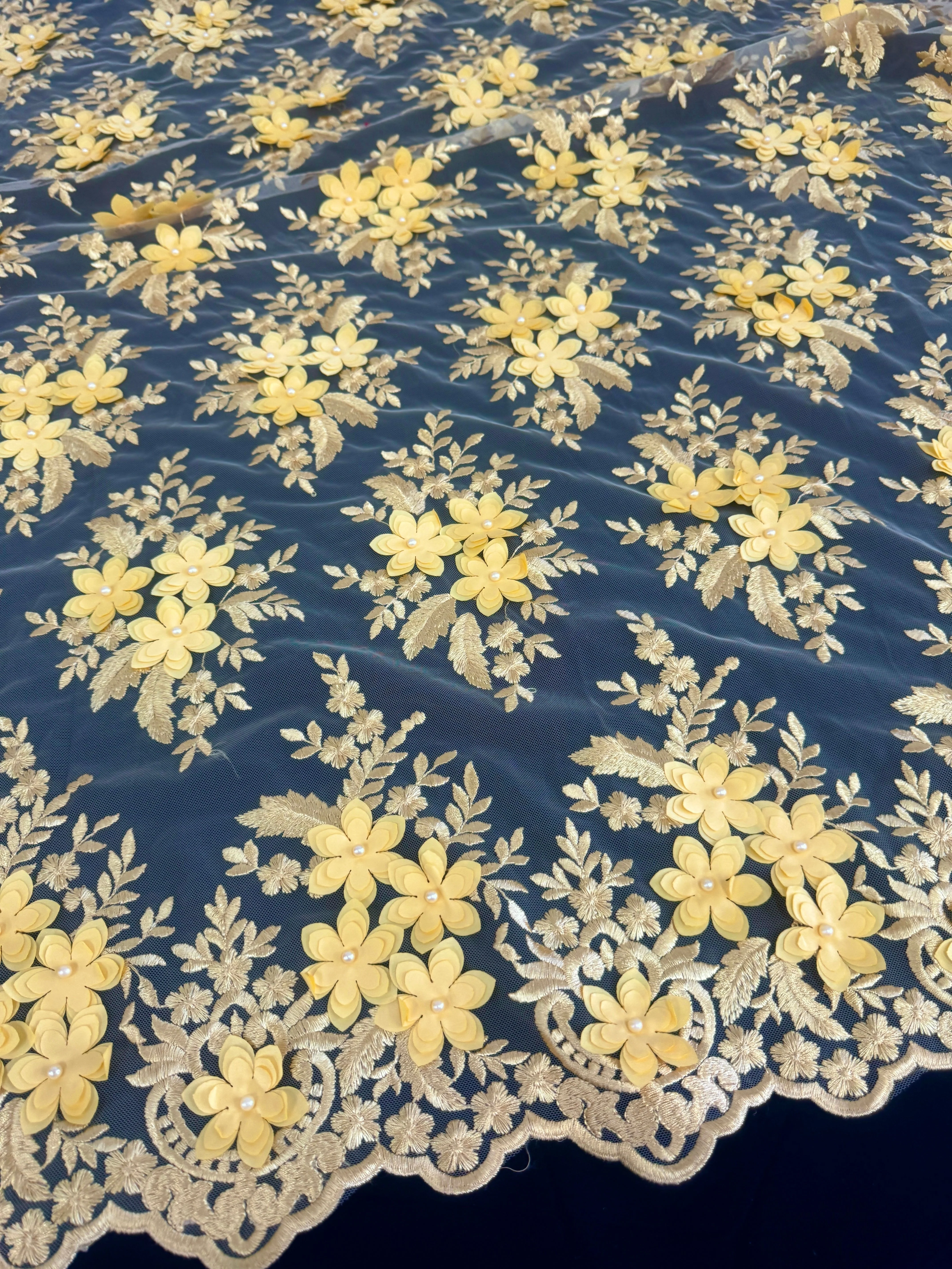 Gold 3D Flower Scalloped Mesh Lace