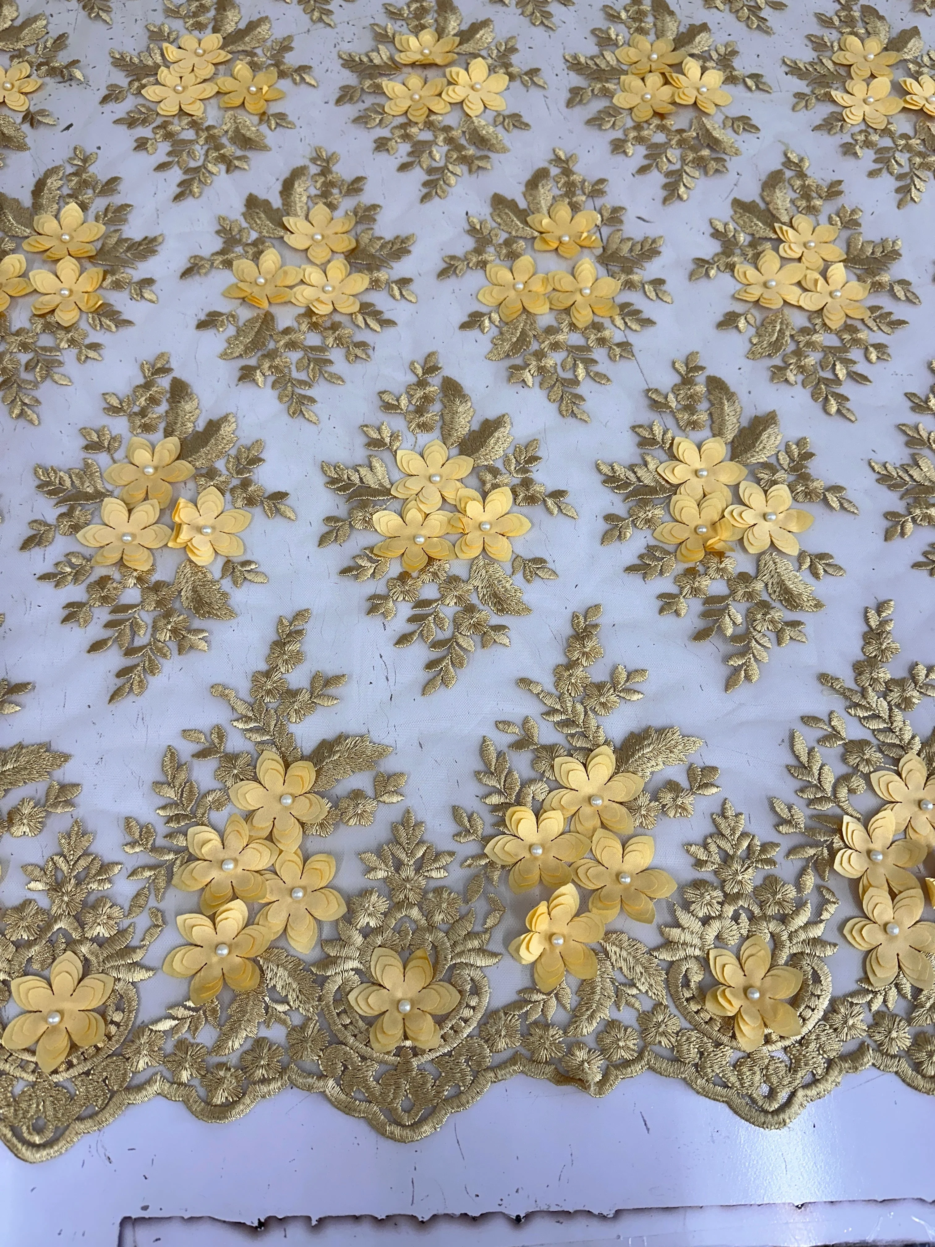 Gold 3D Flower Scalloped Mesh Lace - Image 3