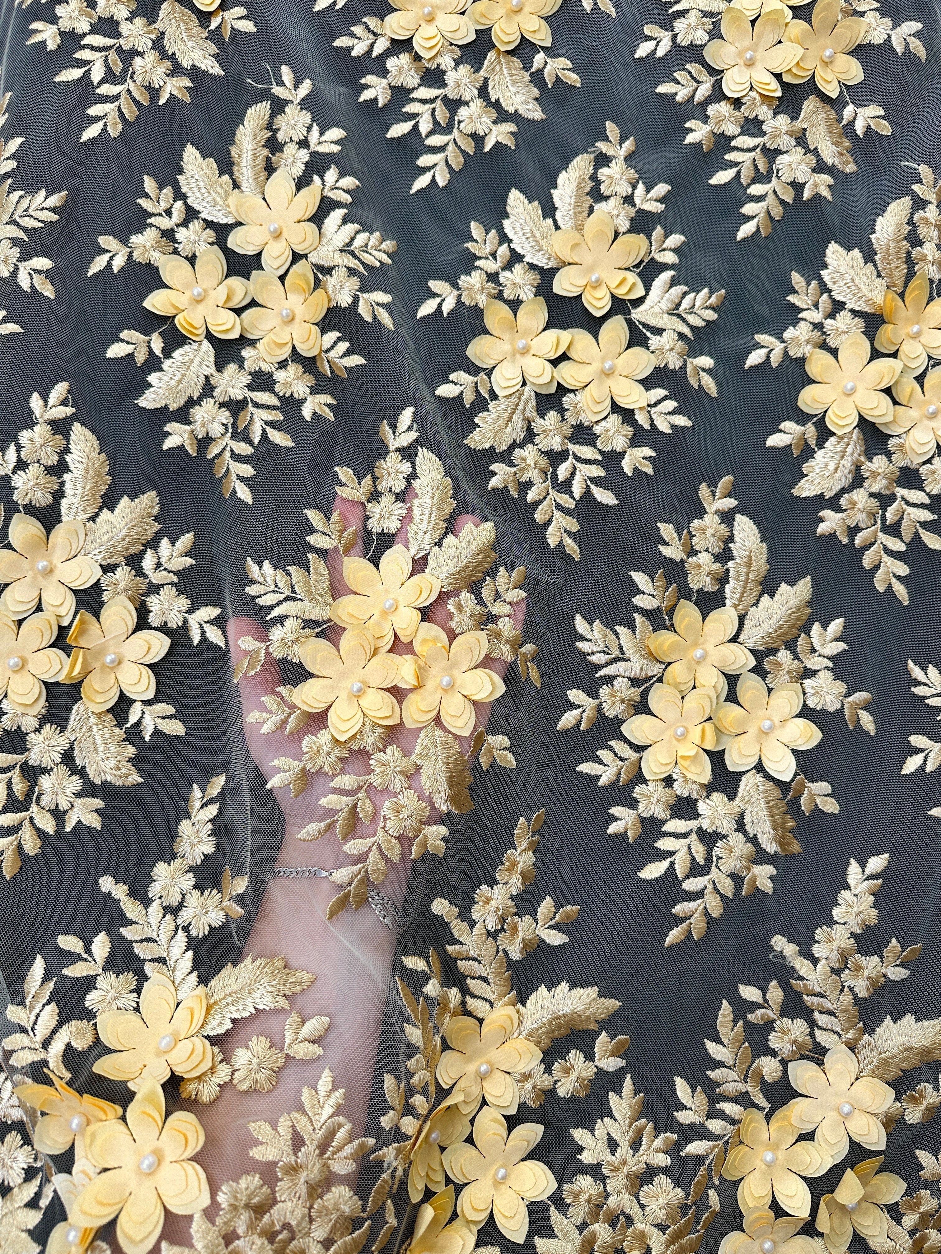 Gold 3D Flower Scalloped Mesh Lace - Image 4