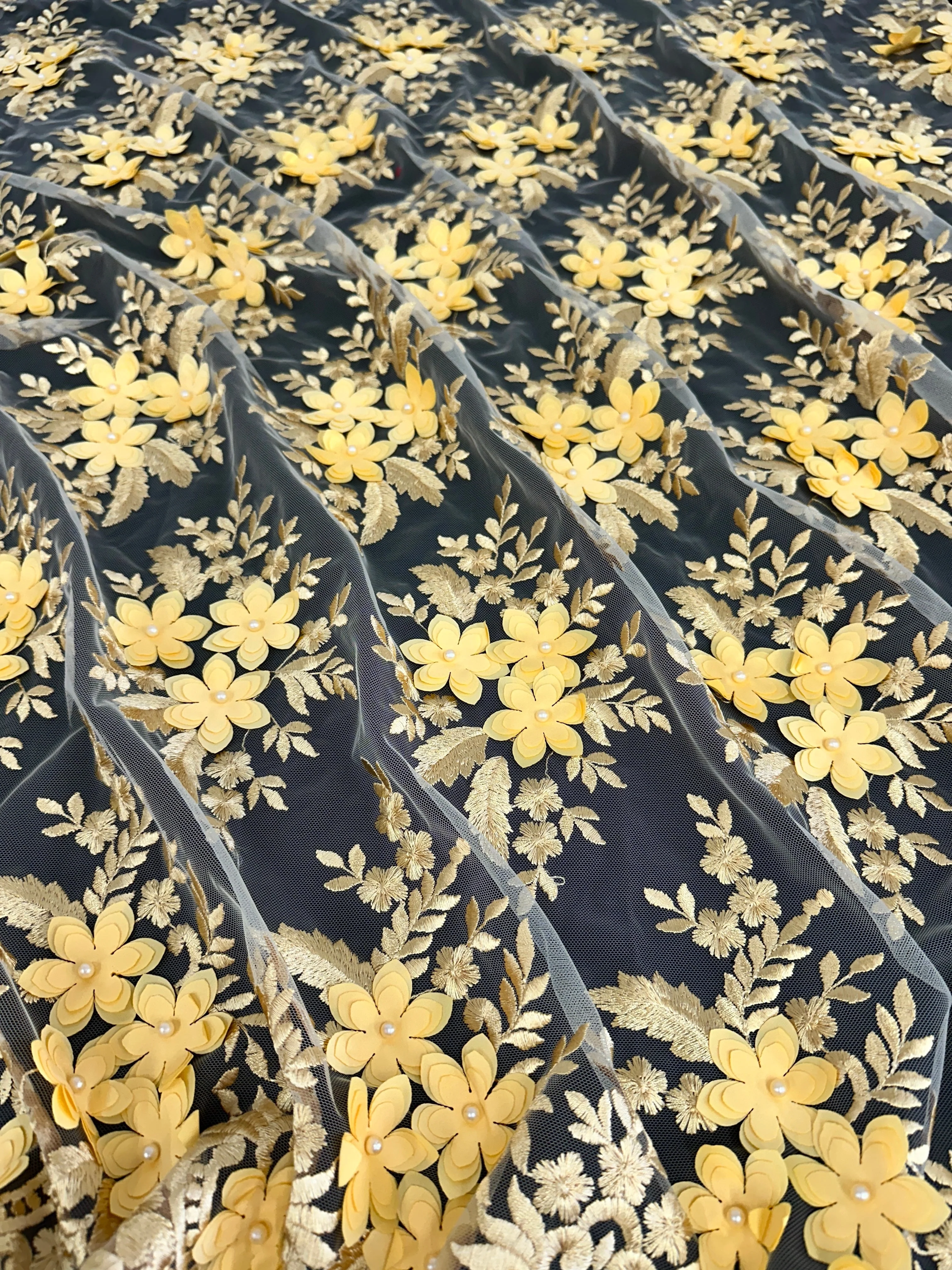 Gold 3D Flower Scalloped Mesh Lace - Image 5