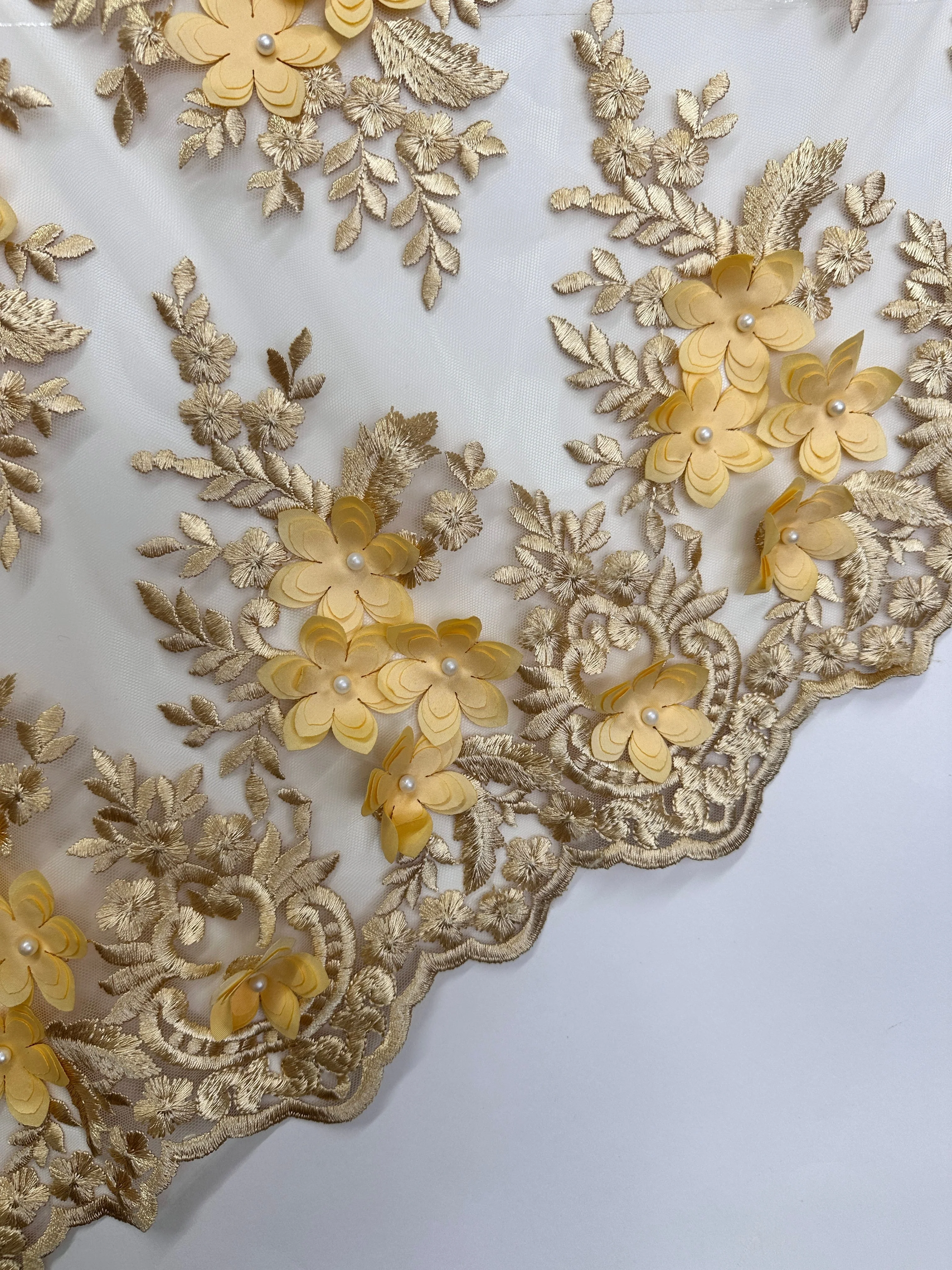 Gold 3D Flower Scalloped Mesh Lace - Image 6