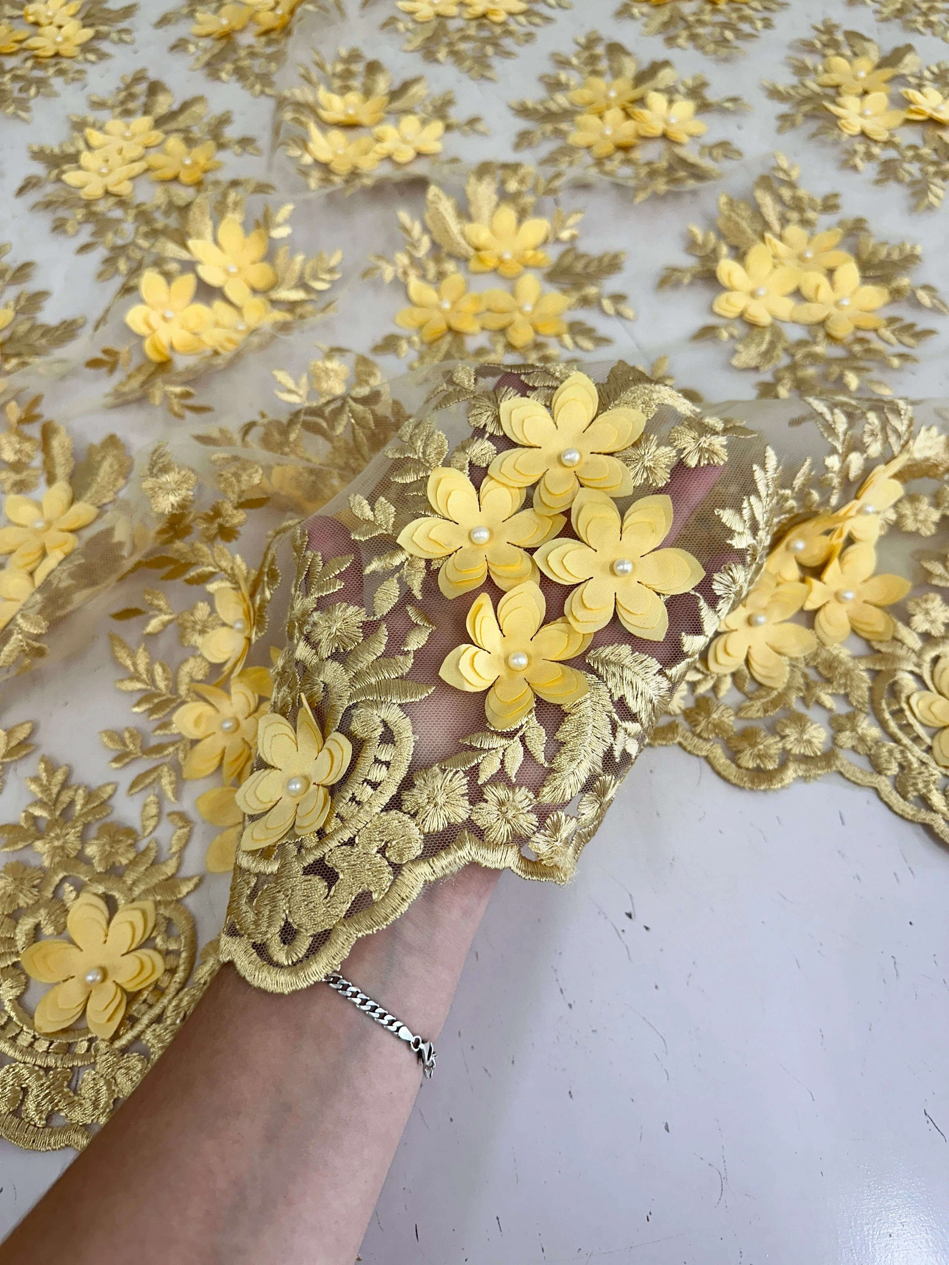 Gold 3D Flower Scalloped Mesh Lace - Image 7