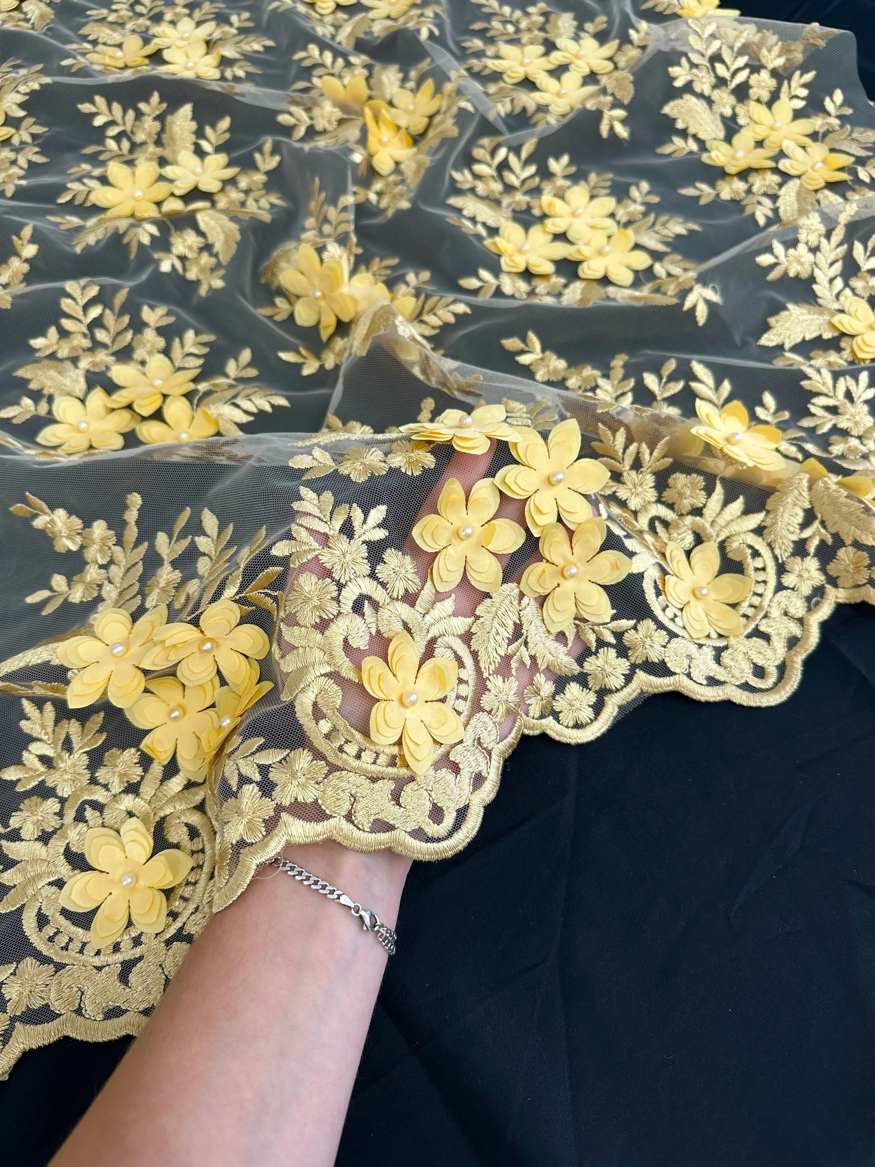 Gold 3D Flower Scalloped Mesh Lace - Image 8